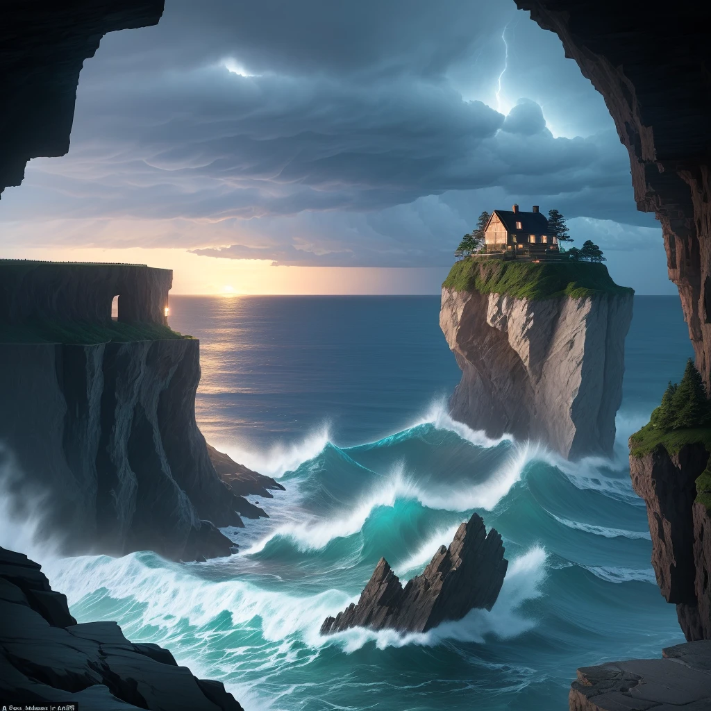 Ocean side cabin resting on the edge of a overhanging cliff, waves crashing into the base of the cliff, storm clouds approaching from the east on a starry night