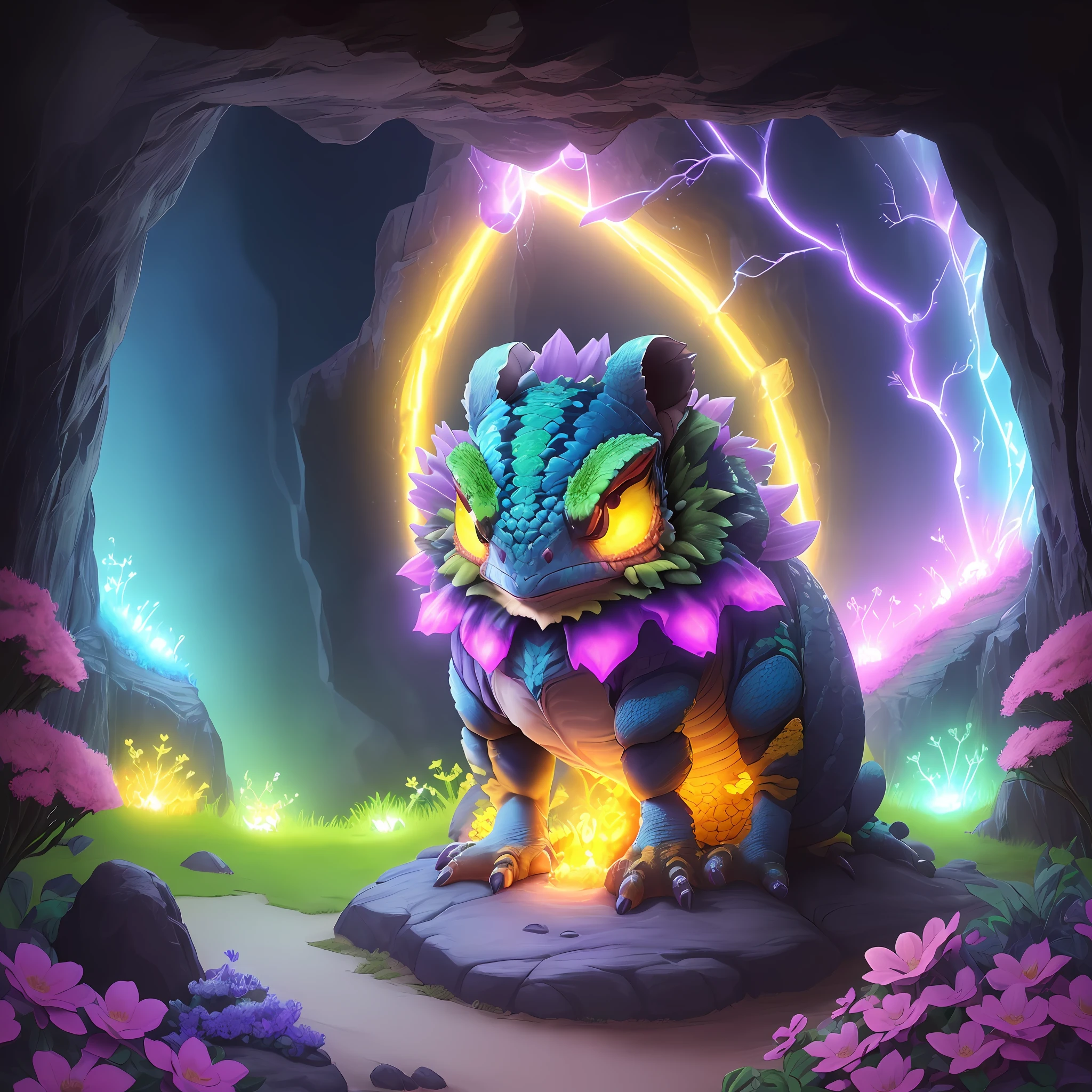 (best quality: 1.3), (masterpiece: 1.3), (illustration: 1.3), (super detailed: 1.3), (imid shot: 0.9), giant panther chameleon, solo, single body, four legs, cute, thick fluffy tail, Chameleon (relaxing in big cave: 1.1), Chameleon colorful, luminous colors, pink, blue, purple, green, yellow, shut up, horns, cave (cute bugs with luminous pink, blue, purple, red on rock: 1.3), cave (surrounded by magical garden, flowers, plants, creatures, glowing luminous pink, blue, purple, orange, yellow flowers and plants), Rock with small holes, glowing ants, glowing lights