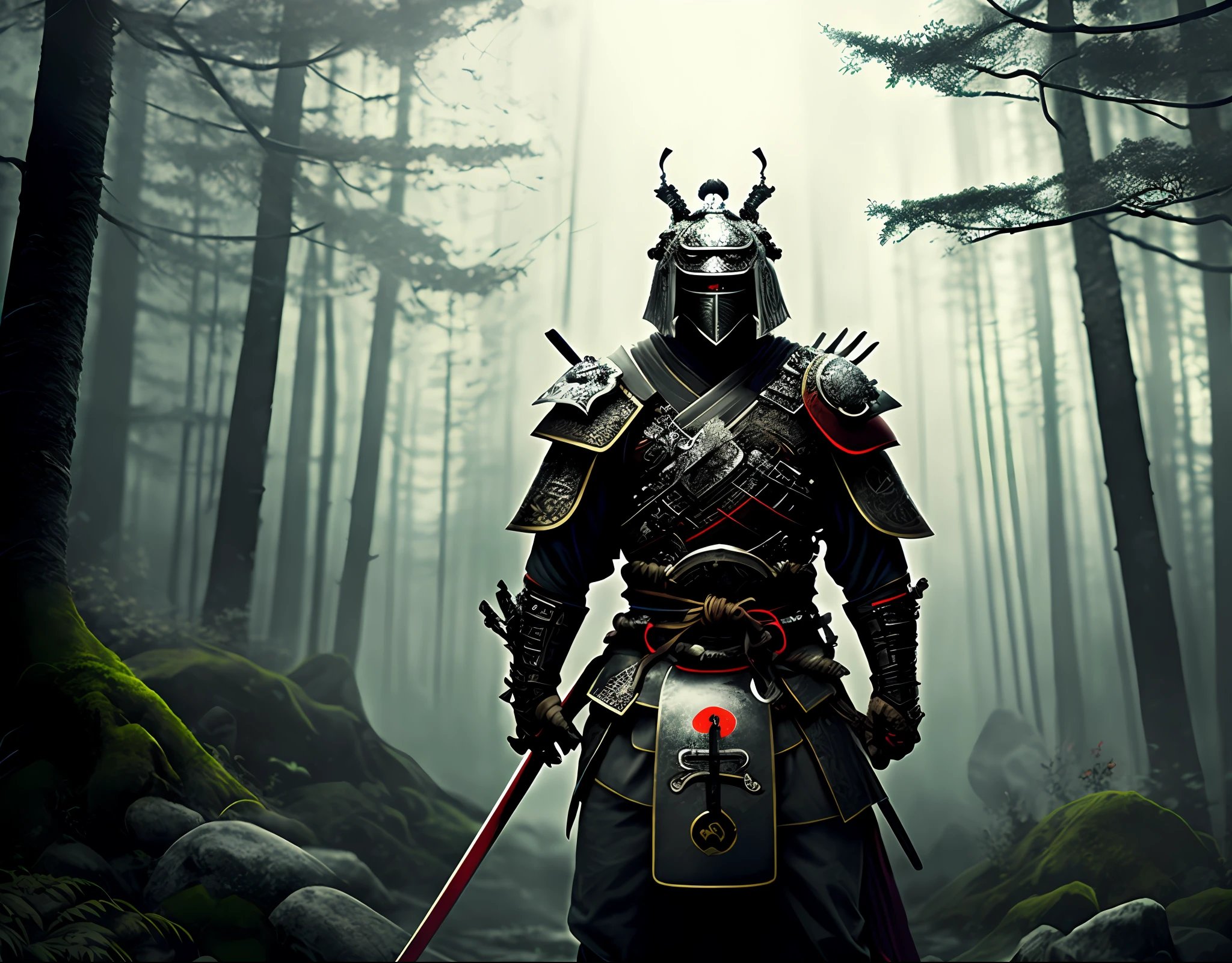 Only A samurai Warrior, hyper detailed and ornate red armor, katana, dark helmet, dark look, full body, in artstation forest art, hazy background, realistic epic, rutkowski, hdr, intricate details, hyperdetailed, cinematic, rim light, muted colors: 1.2, dark fantasy, dark sky, with dark mountains in the background, dark and dangerous atmosphere
