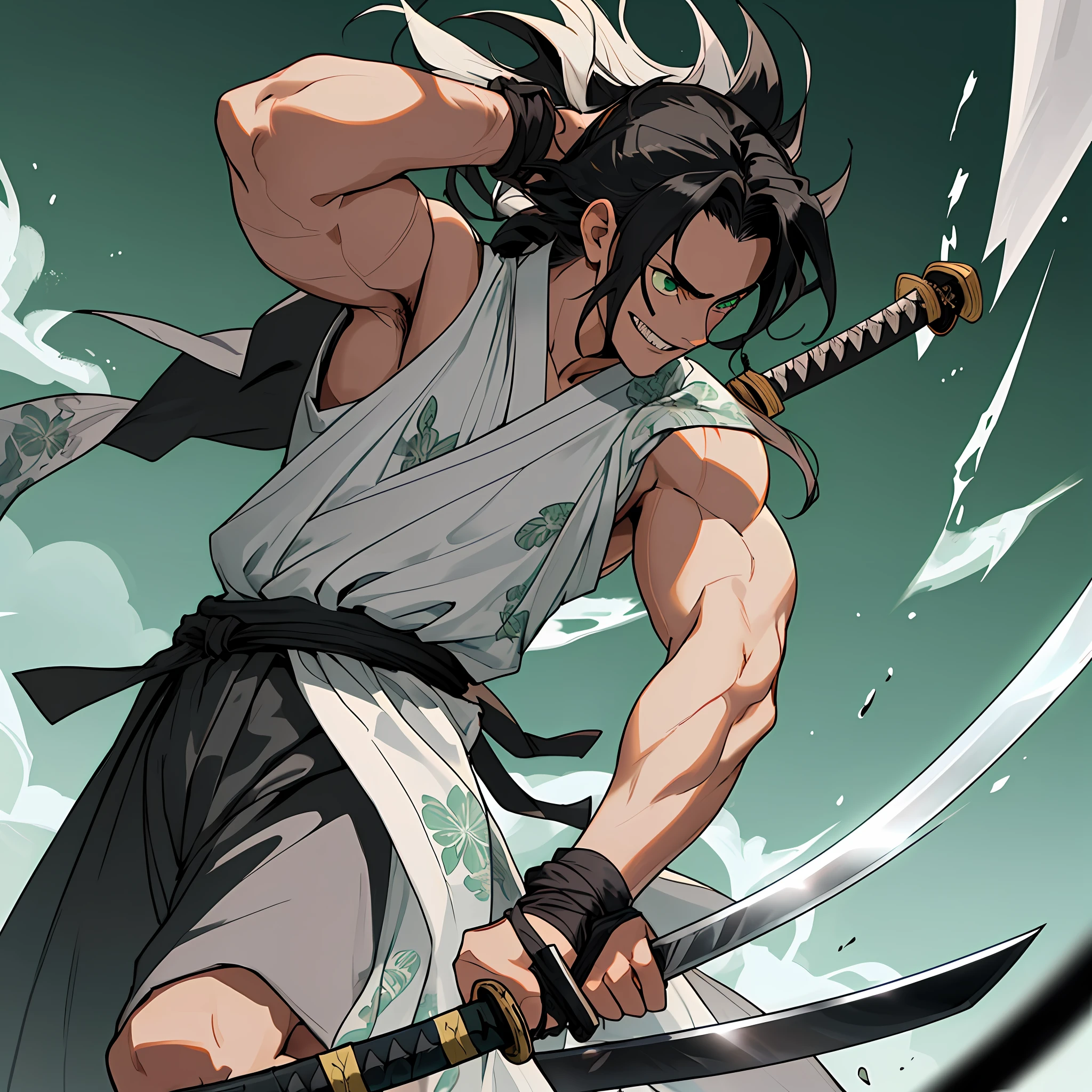 best quality (katana: 1.4), serious,(at night: 1.4), a single 16-year-old who has long black hair that is loose to the winds, and poured down his body, smooth and shiny, which fall gently to his back. Your hair is thick and has a healthy appearance, your hair is large and not stuck, contrasting with your fair skin. The young man's eyes are deep and emerald green, intense as two light pearls. They reflect calm and an inquisitive curiosity. With his upright posture, the young man shows a confident bearing and a cheerful and hyperactive aura. He is shirtless and underneath wears the underside of a white and light green kimono with blue-green accents with printed grey clouds, with a large yellow ribbon at his waist, sleeveless, made of a quality fabric. giving him the look of a swordsman. At his waist, he carries a white katana with gray details on the blade. The long, sharp blade is made of polished steel, reflecting light. The katana grip is wrapped in black leather, offering a firm and secure grip. The scabbard of the sword adorned with demonic symbols. Kimetsu no Yaiba style, alone, 1boy, a little muscular, demon slayer style, loose hair, petulant look, smiling, tall, confident, only 1, hair shed, hair loose and big, demon slayer artstyle, full body
