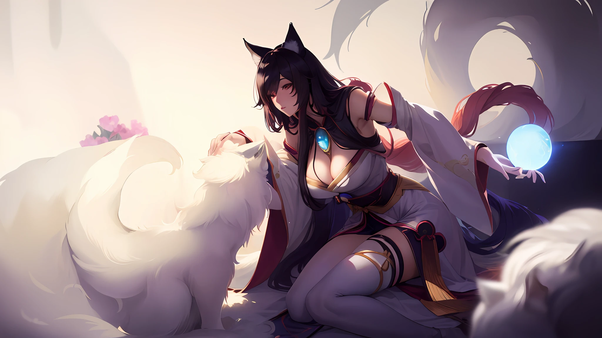 masterpiece, (photorealistic:1.4), best quality, beautiful lighting, highly detailed,, anime - style image of a woman in a white dress sitting on a white elephant, ahri, portrait of ahri, ahri from league of legends, by Yang J, wlop and sakimichan, extremely detailed artgerm, artgerm and atey ghailan, seraphine ahri kda, ruan jia and artgerm