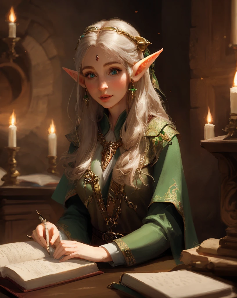 realistic female elf studying magic
