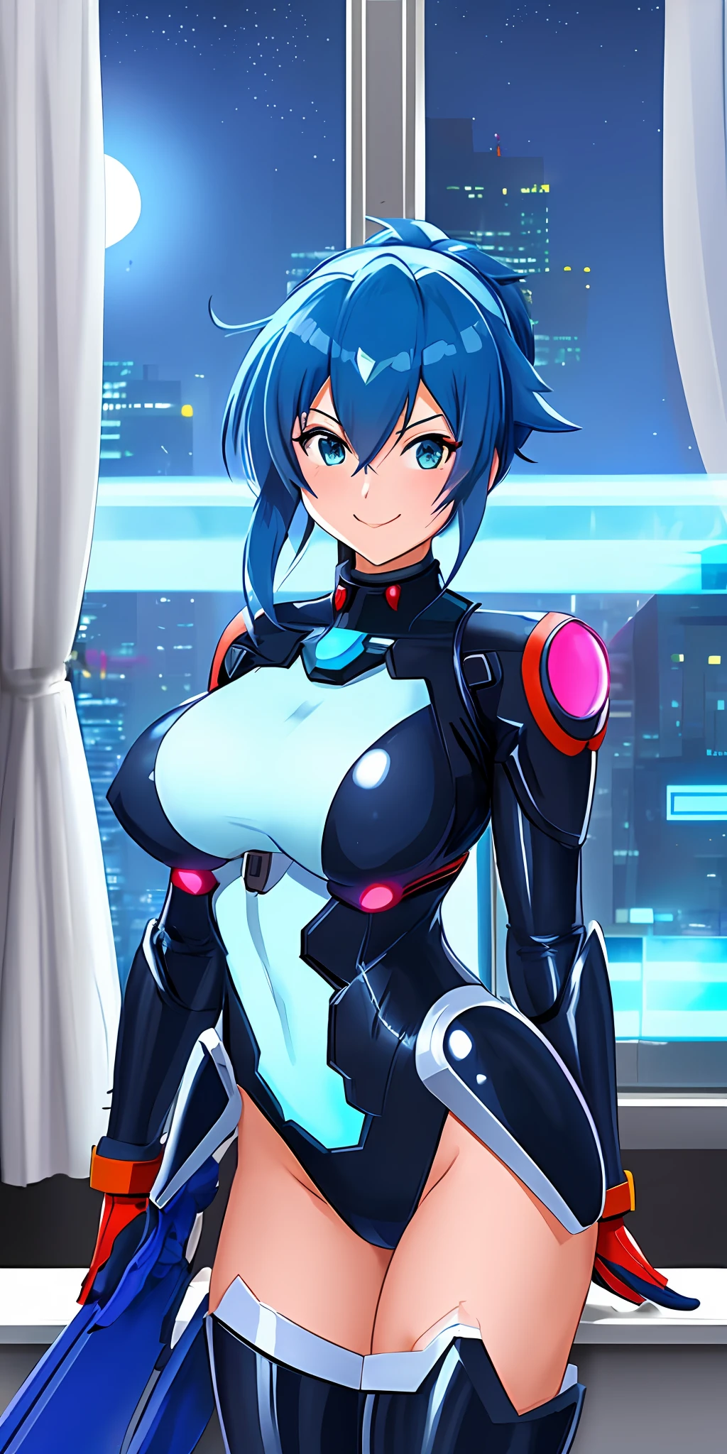 Maximum resolution, Unreal Engine 5, anime style, Mega Man-x style, a woman doing Mega Man-x/spider-man/Batman hybrid cosplay, uniform updated to a futuristic version, she has short blue hair, is looking at the viewer in front of a window in a brothel room, smiling, at night with full moon appearing outside the window.