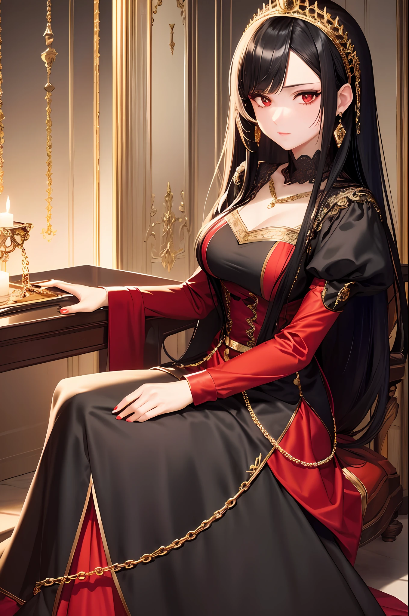 Masterpiece, Needle, 1lady, Beautiful, Black Hair, {Red Eye}, Black Forest, Firelight, Ackenberg Diamonds, Contempt, Regal Clothes, Highlight Your Hair, Gold Fussy Trim, Chain, Black Princess Dress, Sitting Down,