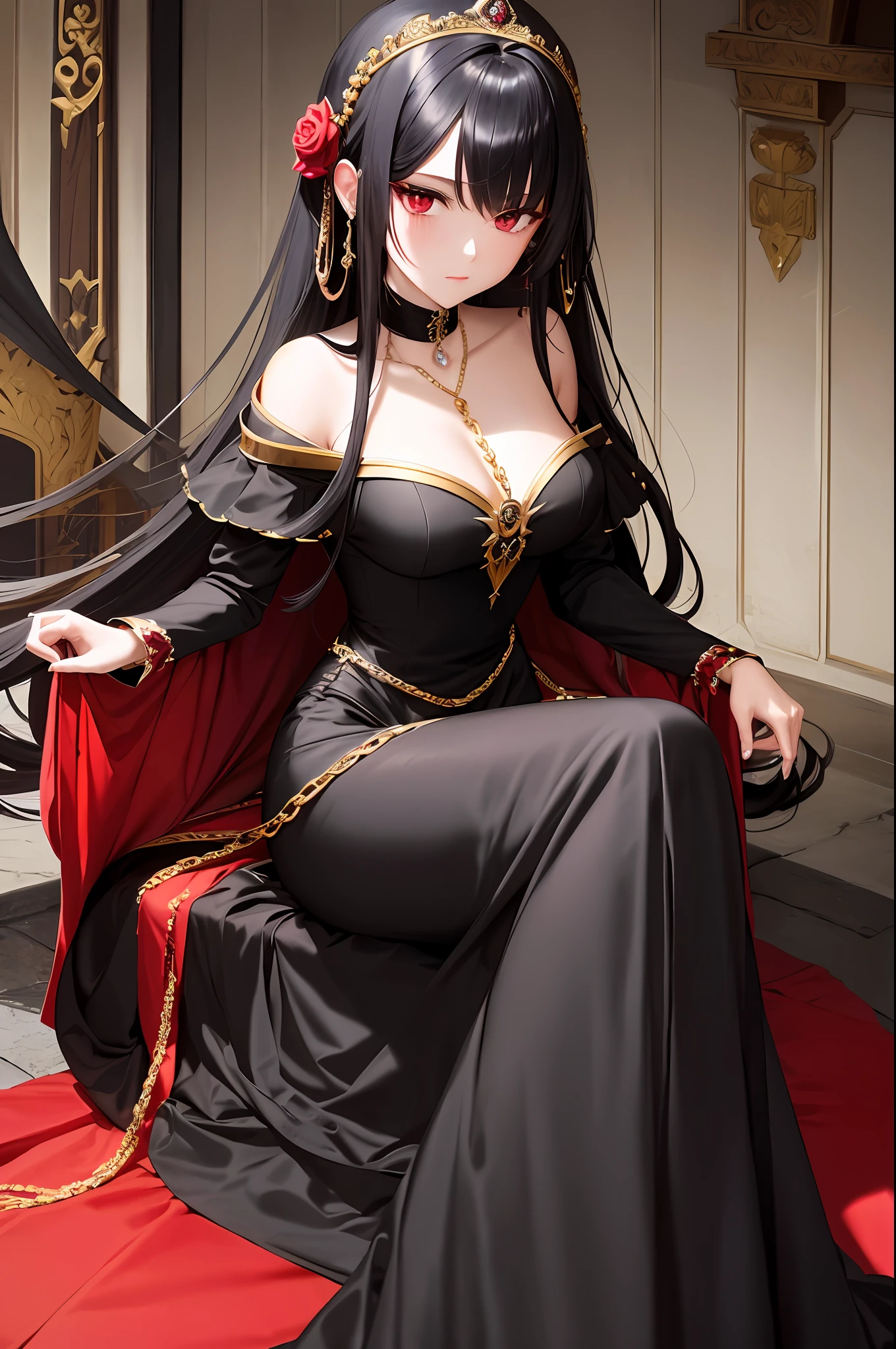Masterpiece, Needle, 1lady, Beautiful, Black Hair, {Red Eye}, Black Forest, Firelight, Ackenberg Diamonds, Contempt, Regal Clothes, Highlight Your Hair, Gold Fussy Trim, Chain, Black Princess Dress, Sitting Down,