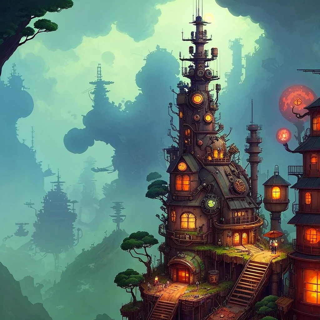 Steampunk, studio ghibli, anthill, rust, trash, dystopia