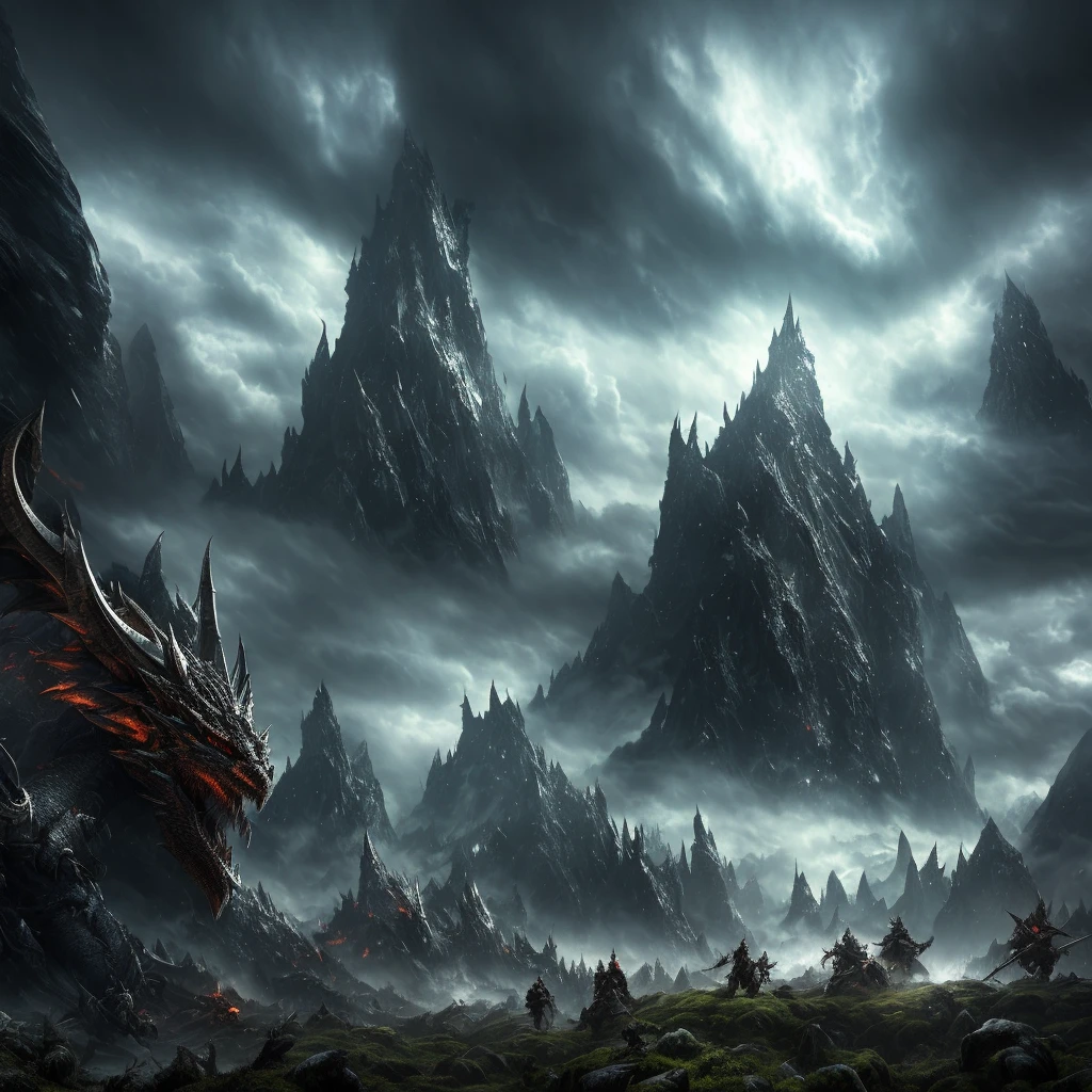Fight warriors x dragon, in artstation forest art, Dungeon, balrog, fire, the lord of the rings, elden ring, Conan, dark souls, foggy background, realistic epic, rutkowski, hdr, intricate details, hyperdetailed, cinematic, rim light, muted colors: 1.2, dark fantasy, dark sky, with dark mountains in the background, dark atmosphere, fear, horror, awesome, dark and turbulent sky,