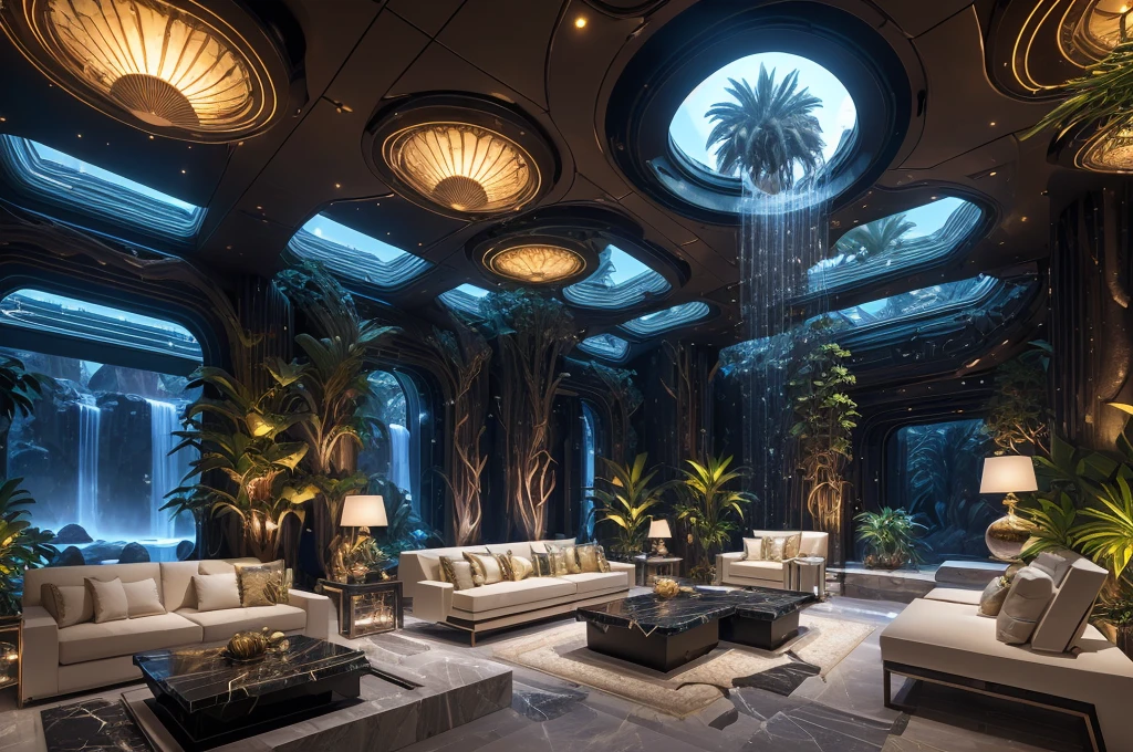 incredible luxurious futuristic interior in Ancient Egyptian style in light colors with many (((lush plants))) (lotus flowers), ((palm trees)), rocky walls, ((sand)), ((waterfalls)) (marble), ((precious minerals)), ((metals)), (gemstones), crystals, clouds and ((water)), (curvy futuristic furniture), (hieroglyphics), ((trees and plants made out of gemstones and precious minerals and lights)), crocodiles, (((ultra luxury))), (black marble) – with ((beautiful lights)), Unreal Engine, HQ, 16k