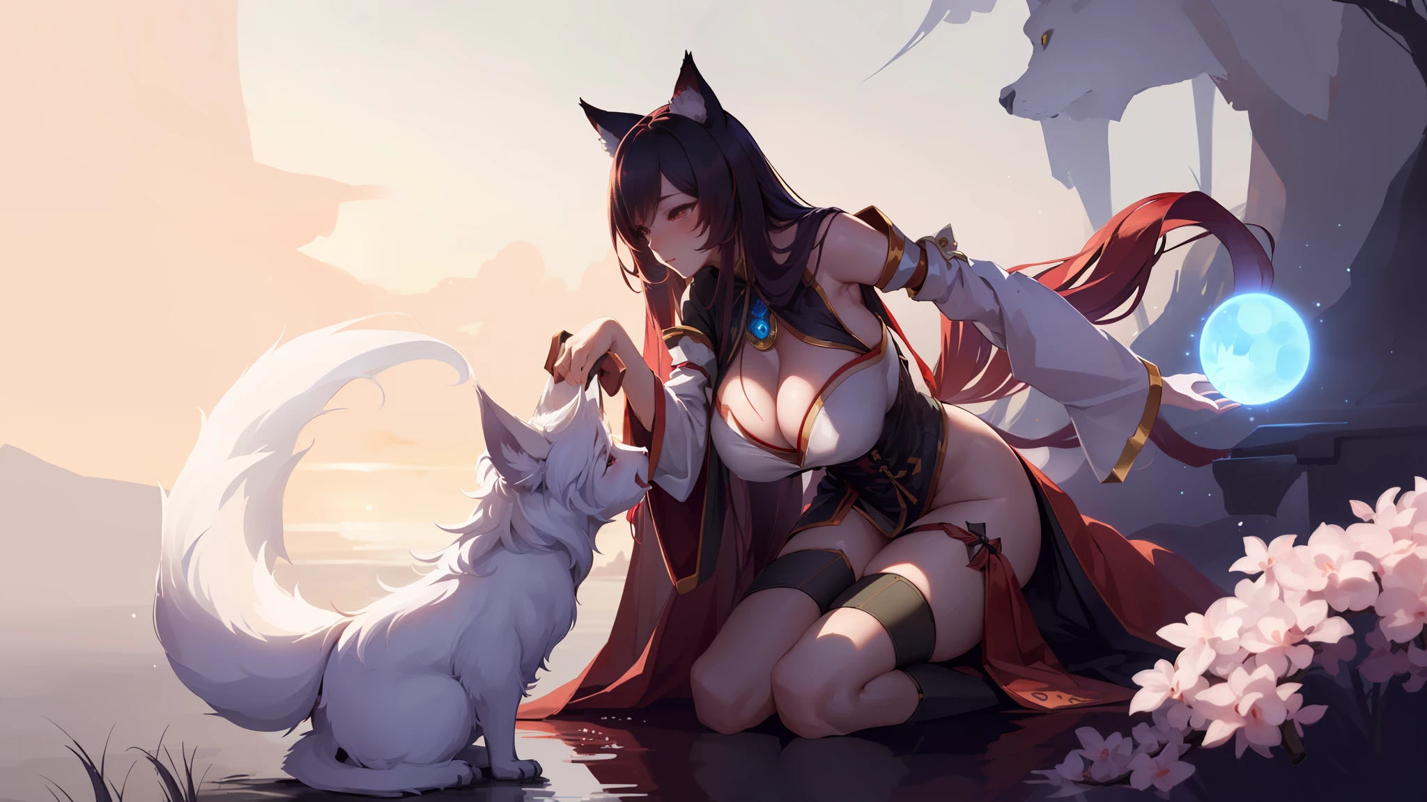 sfw(Ultra Quality,Unparalleled Masterpiece,Ethereal:1.4)(Gigantic Breasts:1.6)(breasts squeeze: 1.3)(bimbo 1.5)(Disproportional Tits: 1.5) , masterpiece, (photorealistic:1.4), best quality, beautiful lighting, anime girl with long hai, enormuous huge breasts and a cat ears holding a glowing orb, petting a dog, ahri, ahri from league of legends, by Yang J, portrait of ahri, by Shitao, beautiful anime catgirl, a beautiful kitsune woman, a beautiful fox lady, dark fox mage, very beautiful anime cat girl, fox nobushi, female anthropomorphic wolf, highly detailed