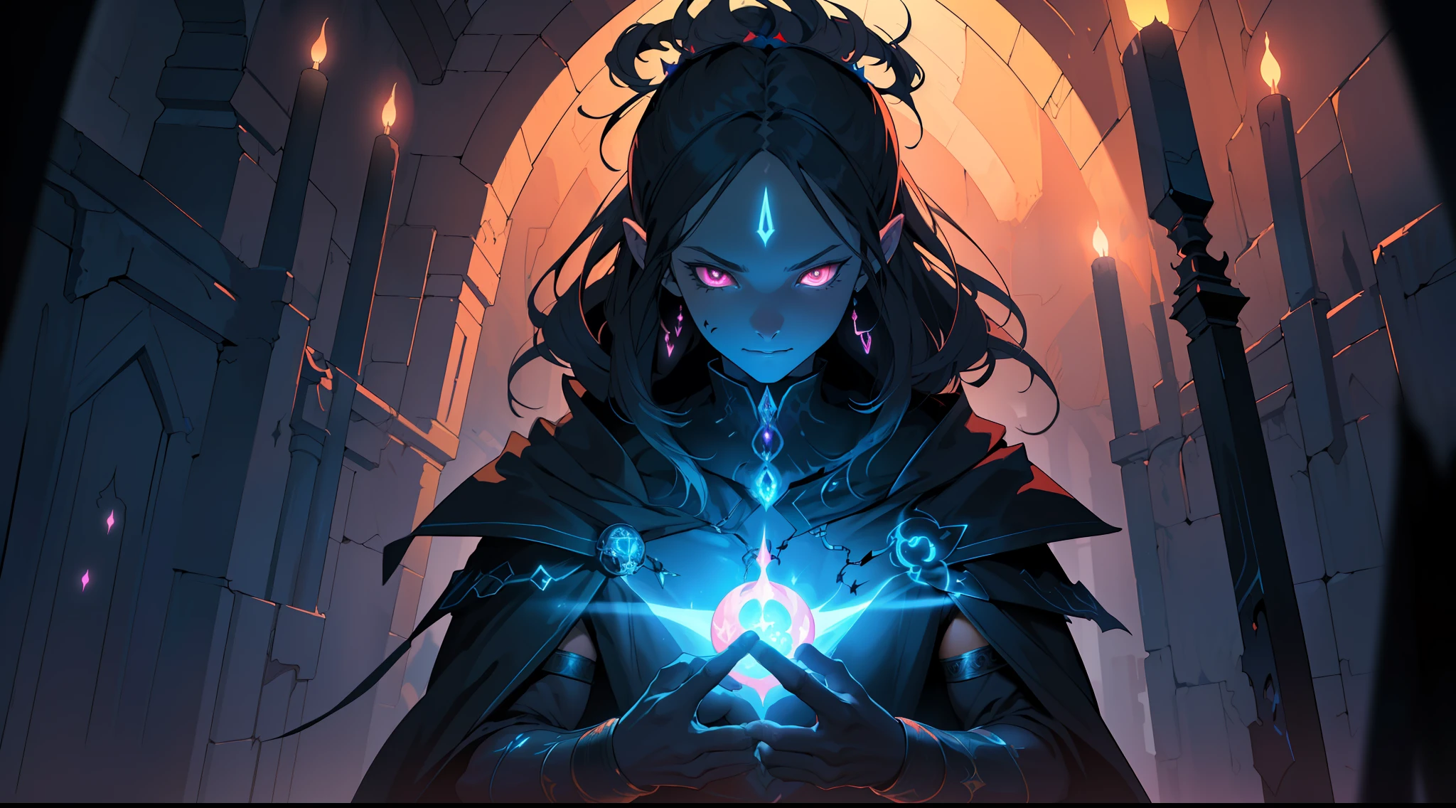 (Ultra detailed), (masterpiece), (best quality), (very detailed CG unit 8k wallpaper), ((a necromancer)) dark in its lair, (((visible magical aura)), (((upper body))), dim light, soft light, concept art, dimly lit, forbidden magic accessories, cinematic, highly detailed, stylized wallpaper