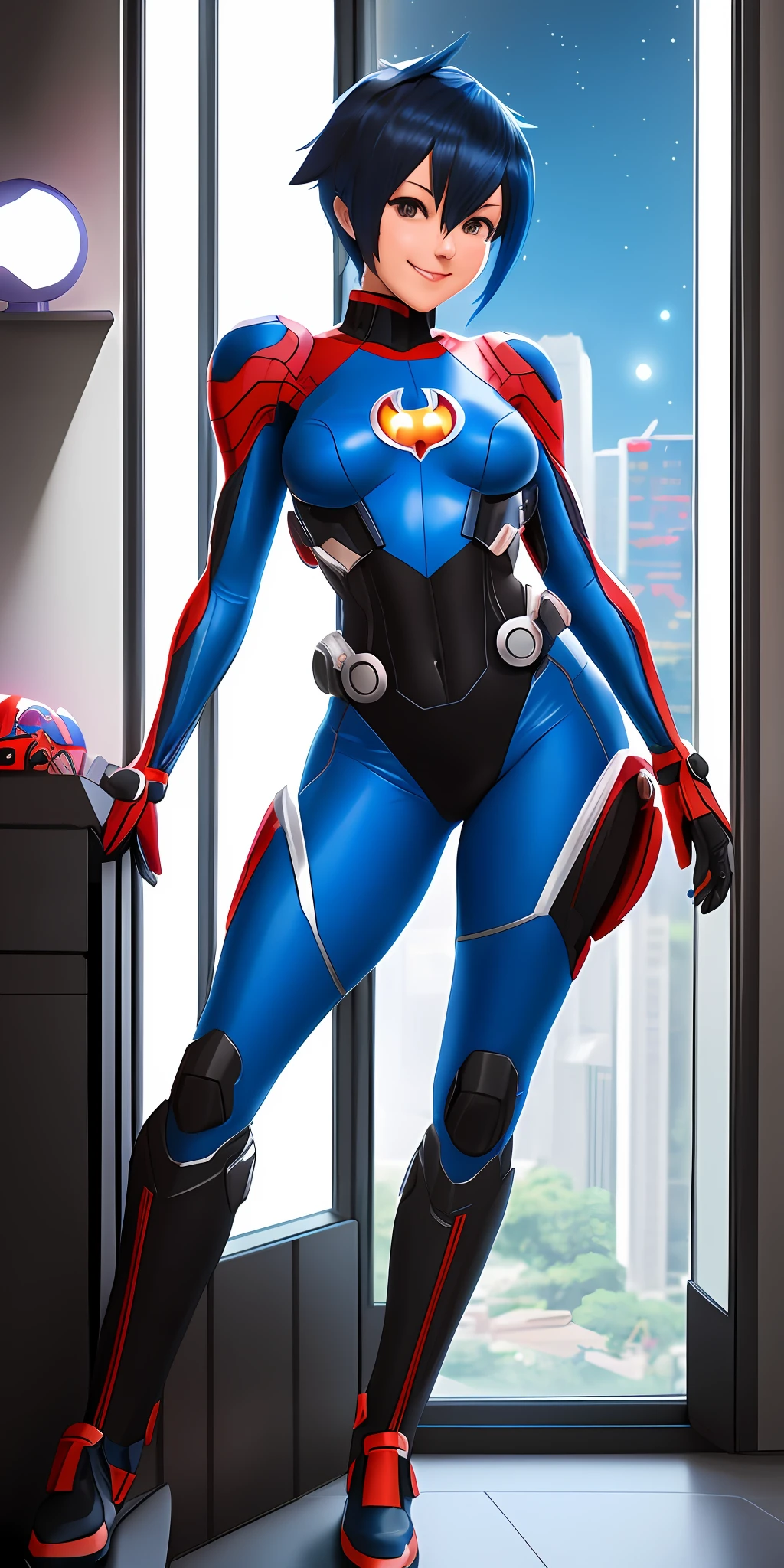 Maximum resolution, Unreal Engine 5, anime style, Mega Man-x style, a woman doing Mega Man-x/spider-man/Batman hybrid cosplay, uniform updated to a futuristic version, she has short blue hair, is looking at the viewer in front of a window in a brothel room, smiling, at night with full moon appearing outside the window.