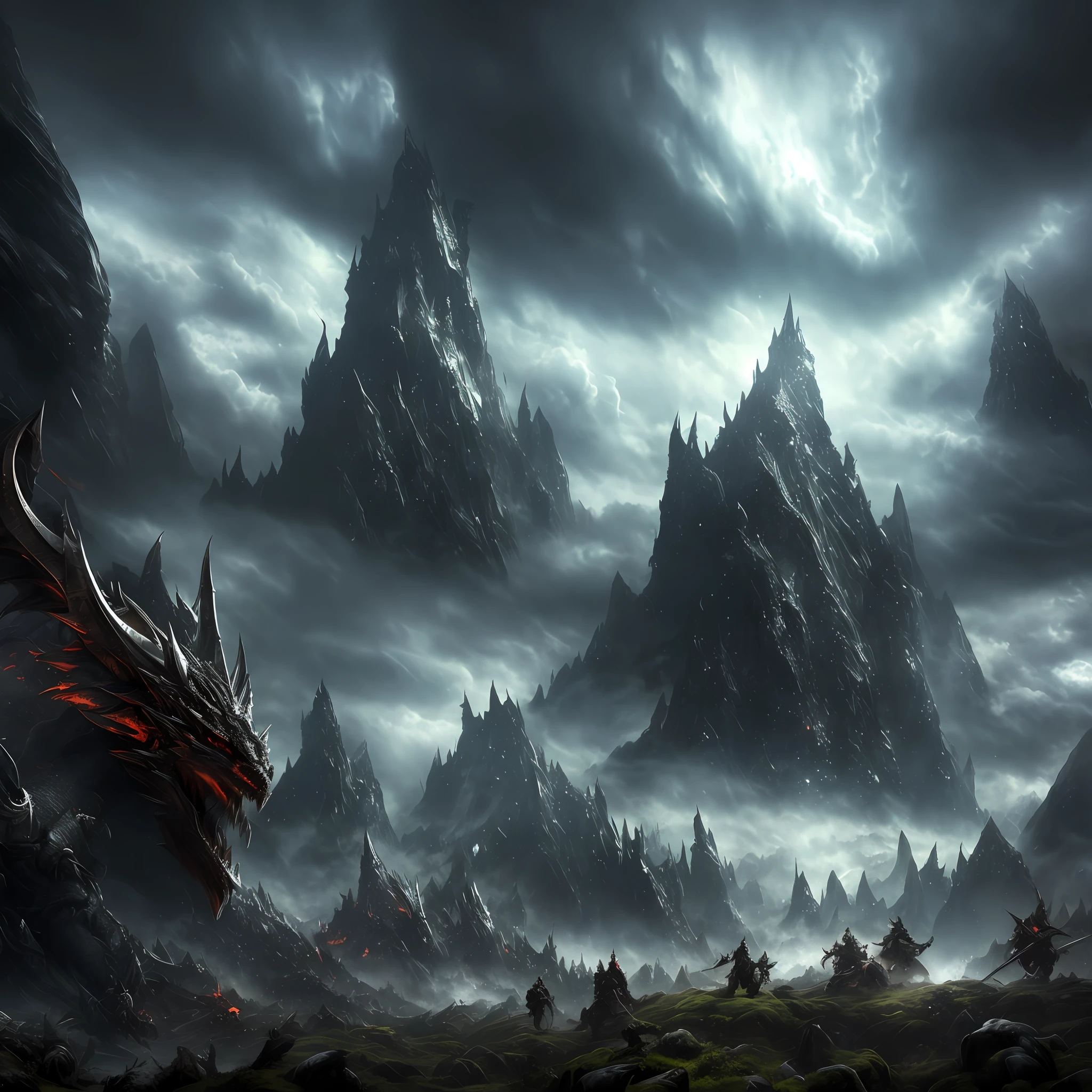 Fight warriors x dragon, in artstation forest art, Dungeon, balrog, fire, the lord of the rings, elden ring, Conan, dark souls, foggy background, realistic epic, rutkowski, hdr, intricate details, hyperdetailed, cinematic, rim light, muted colors: 1.2, dark fantasy, dark sky, with dark mountains in the background, dark atmosphere, fear, horror, awesome, dark and turbulent sky,