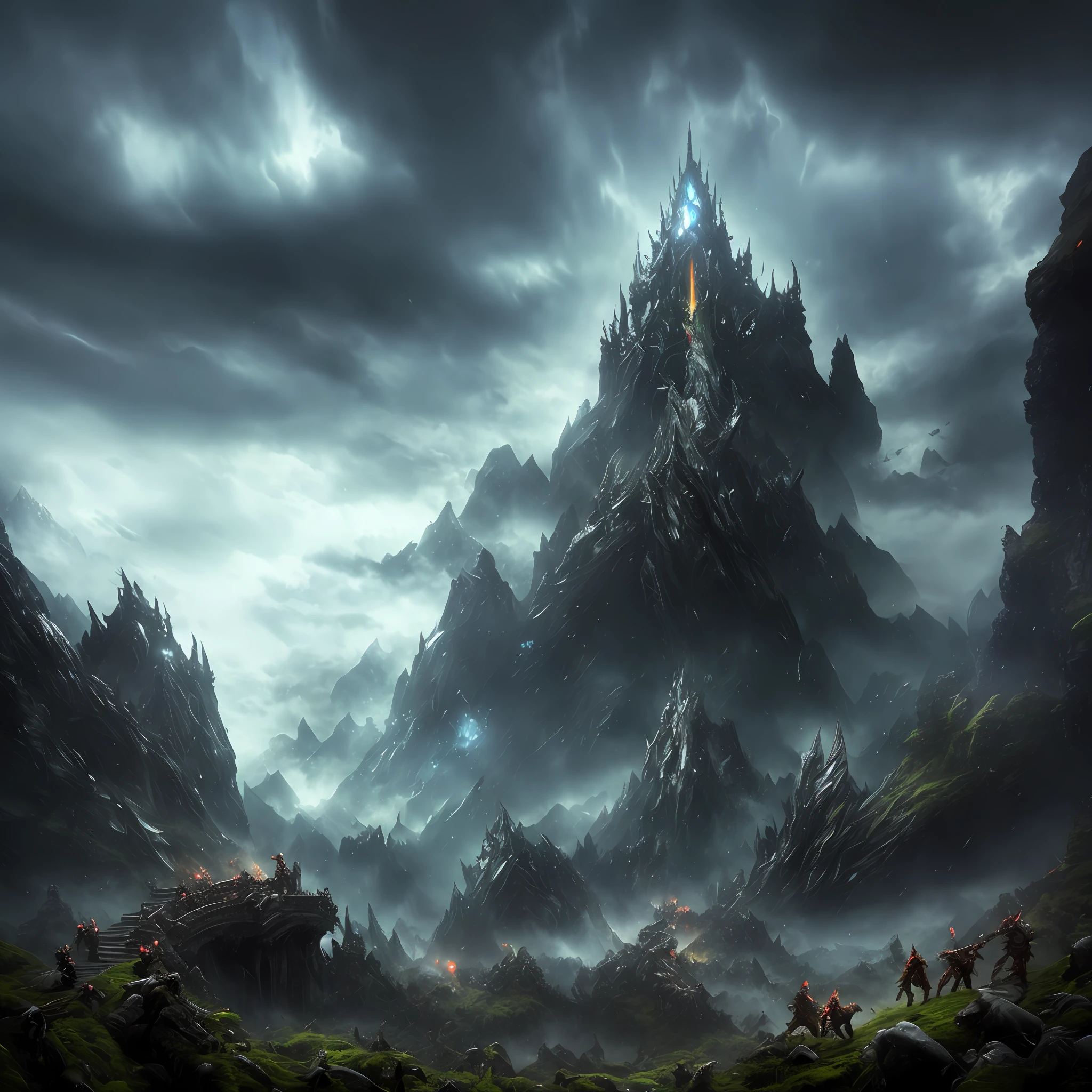 Fight warriors x dragon, in artstation forest art, Dungeon, balrog, fire, the lord of the rings, elden ring, Conan, dark souls, foggy background, realistic epic, rutkowski, hdr, intricate details, hyperdetailed, cinematic, rim light, muted colors: 1.2, dark fantasy, dark sky, with dark mountains in the background, dark atmosphere, fear, horror, awesome, dark and turbulent sky,