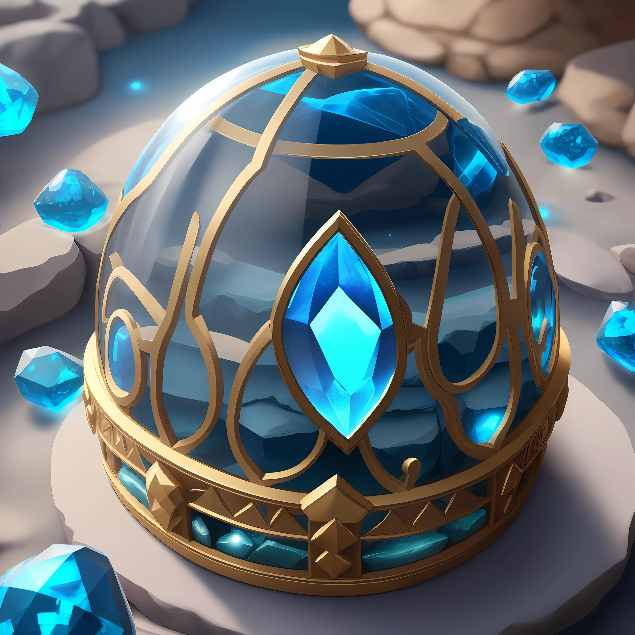 A dome shaped hut consisting of glowing blue gem stones