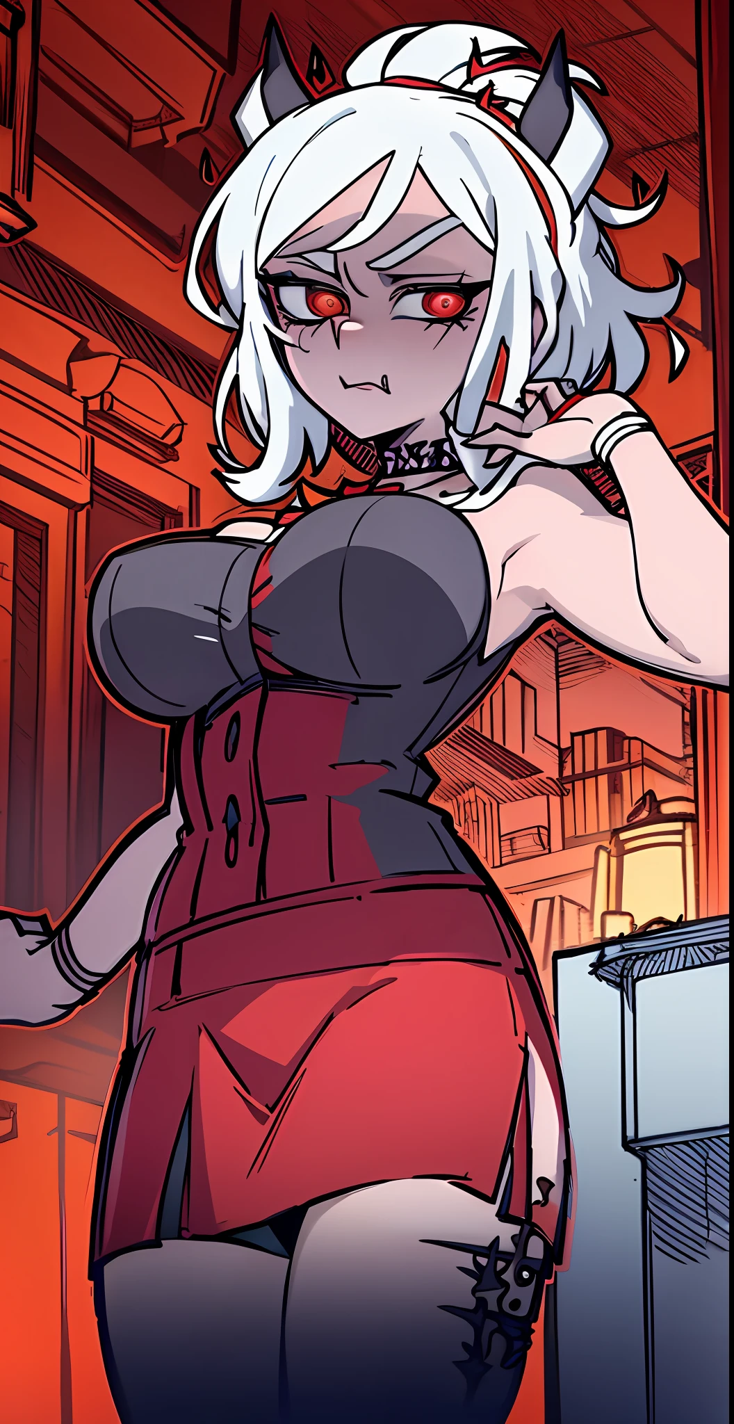 masterpiece, best quality, Modeus \(helltaker\), horns, white hair, demon girl, 1girl, full body, secretary outfit, black skirt, pantyhose, white shirt, heels, demon horns, breasts, red eyes, short hair, black horns, hair over one eye, piercing, jewelry, tail, demon tail, choker, lip piercing, necklace, gigantic breasts,