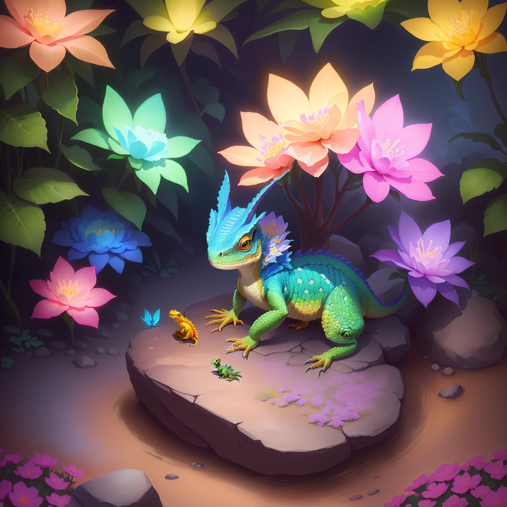 brightly colored lizard sitting on a rock in a garden with flowers, adorable digital painting, cute detailed digital art, super detailed color lowpoly art, procreate illustration, digital painting highly detailed, highly detailed digital painting, realistic fantasy illustration, very detailed digital painting, low detailed. digital painting, newly hatched dragon, detailed digital painting, childrens art in artstation