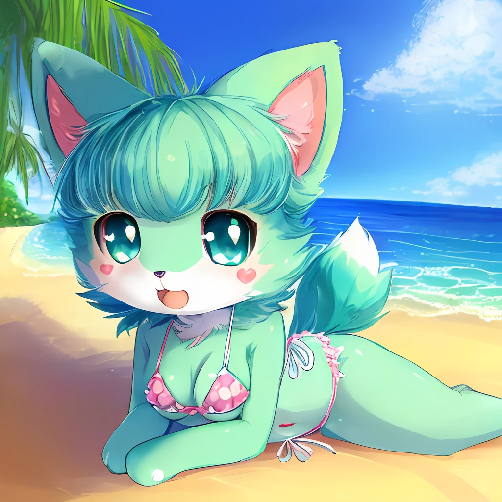 ((Cute, Kawaii, Chibi:0.9, Jewelpet:1.2)), best quality, stunningly detailed, (1girl), blue eyes, (green fur:1.3), (sexy pose:1.2), (bikini:1.3), beach, animal, 1 girl, solo