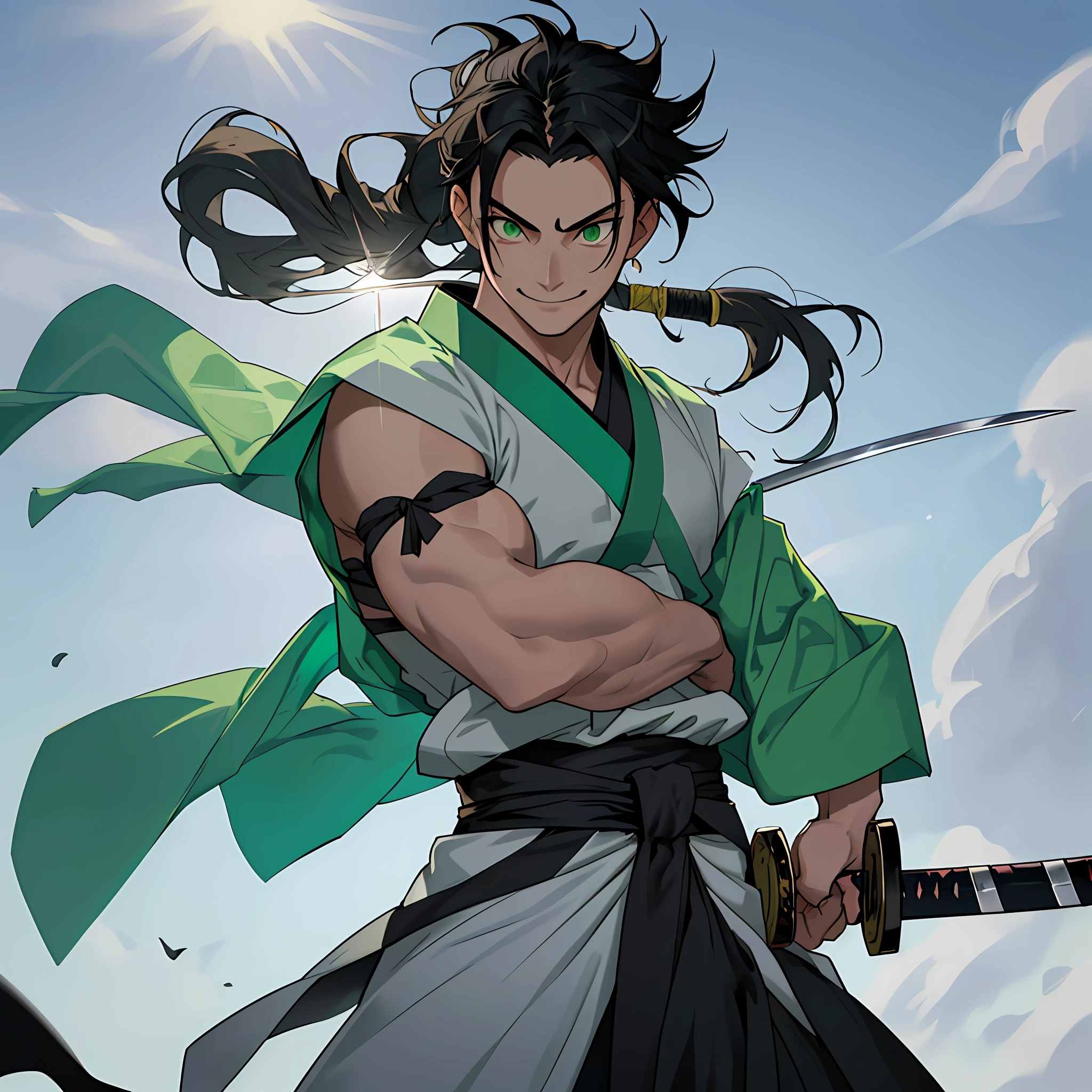 best quality (katana: 1.4), serious,(at night: 1.4), a single 16-year-old who has long black hair that is loose to the winds, and poured down his body, smooth and shiny, which fall gently to his back. Your hair is thick and has a healthy appearance, your hair is large and not stuck, contrasting with your fair skin. The young man's eyes are deep and emerald green, intense as two light pearls. They reflect calm and an inquisitive curiosity. With his upright posture, the young man shows a confident bearing and a cheerful and hyperactive aura. He is shirtless and underneath wears the underside of a white and light green kimono with blue-green accents with printed grey clouds, with a large yellow ribbon at his waist, sleeveless, made of a quality fabric. giving him the look of a swordsman. At his waist, he carries a white katana with gray details on the blade. The long, sharp blade is made of polished steel, reflecting light. The katana grip is wrapped in black leather, offering a firm and secure grip. The scabbard of the sword adorned with demonic symbols. Kimetsu no Yaiba style, alone, 1boy, a little muscular, demon slayer style, loose hair, petulant look, smiling, tall, confident, only 1, hair shed, hair loose and big, demon slayer artstyle, full body