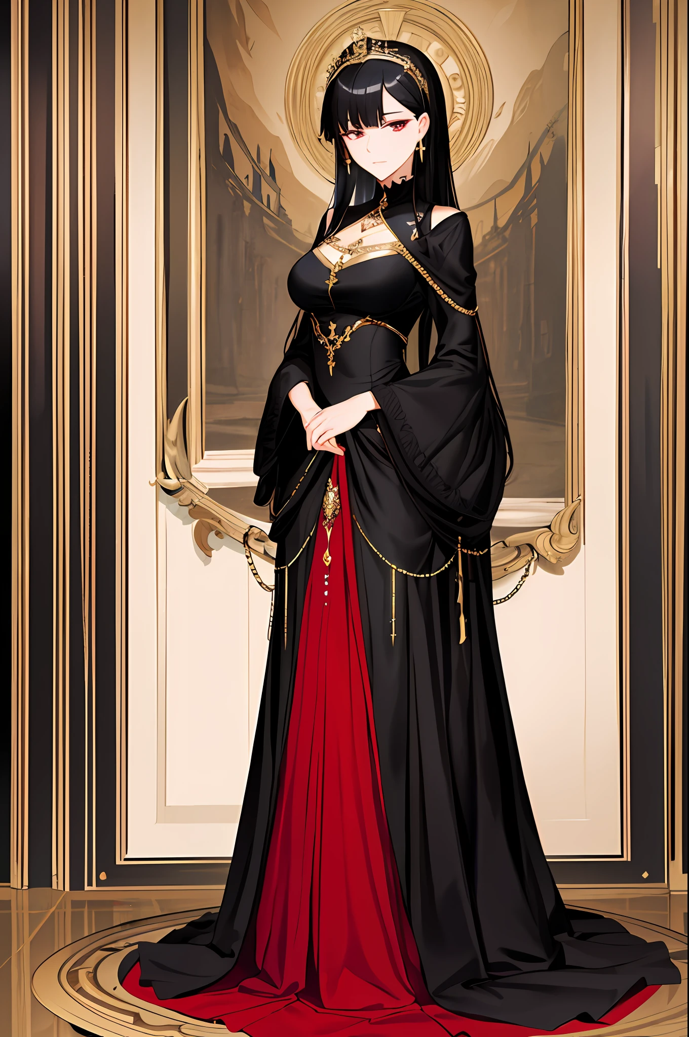 Masterpiece, Needle, 1lady, Beautiful, Black Hair, {Red iris}, Black Forest, Firelight, Ackenberg Diamonds, Contempt, Regal Clothes, Highlight Your Hair, Gold Fussy Trim, Chain, tight Black Dress, standing, full body, medium breasts