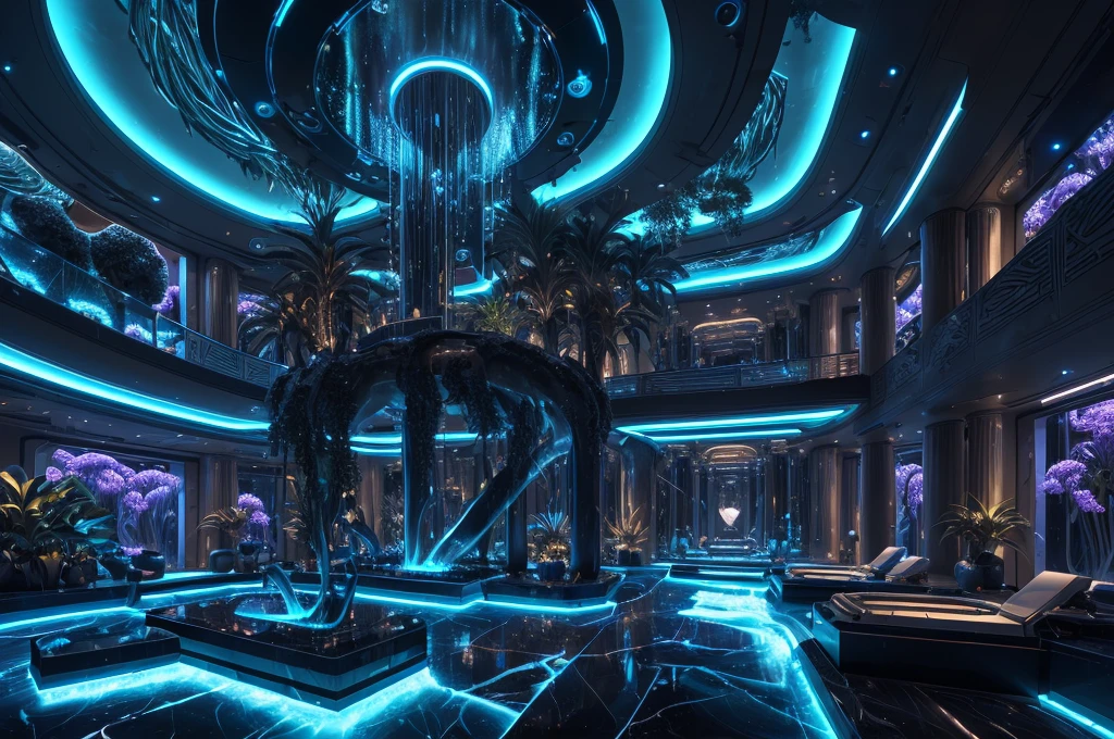 incredible oceanic luxurious futuristic interior in Ancient Egyptian style with many (((lush plants))) (lotus flowers), ((palm trees)), rocky walls, ((sand)), ((waterfalls)) (marble), ((precious minerals)), ((metals)), (gemstones), crystals, clouds and ((water)), (curvy futuristic furniture), (hieroglyphics), ((trees and plants made out of gemstones and precious minerals and lights)), crocodiles, (((ultra luxury))), (black marble) – with ((beautiful lights)), Unreal Engine, HQ, 16k