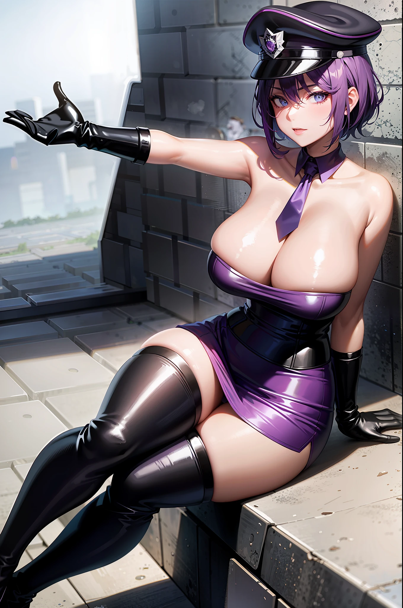 Purple short hair, plump youthful face, black police cap, red tie, purple tight low-cut dress, purple long gloves, black leather boots, strapless thighs, big breasts, blue eyes, confident expression, anime style, stone prison.