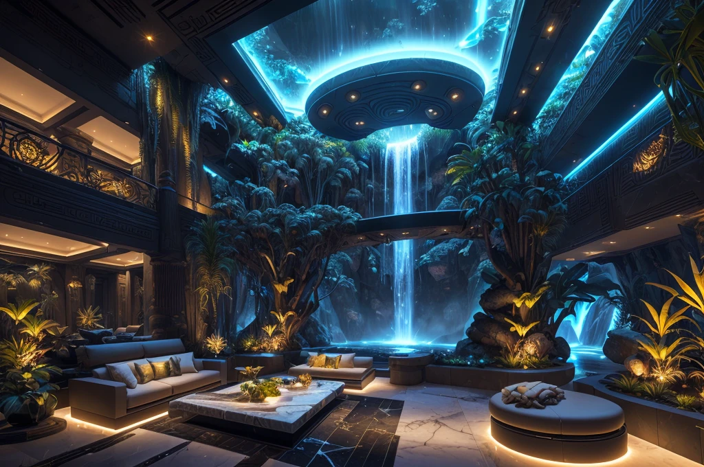 incredible Na'vi-inspired luxurious futuristic interior in Ancient Egyptian style with many (((lush plants))) (lotus flowers), ((palm trees)), rocky walls, ((sand)), ((waterfalls)) (marble), ((precious minerals)), ((metals)), (gemstones), crystals, clouds and ((water)), (curvy futuristic furniture), (hieroglyphics), ((trees and plants made out of gemstones and precious minerals and lights)), crocodiles, (((ultra luxury))), (black marble) – with ((beautiful lights)), Unreal Engine, HQ, 16k