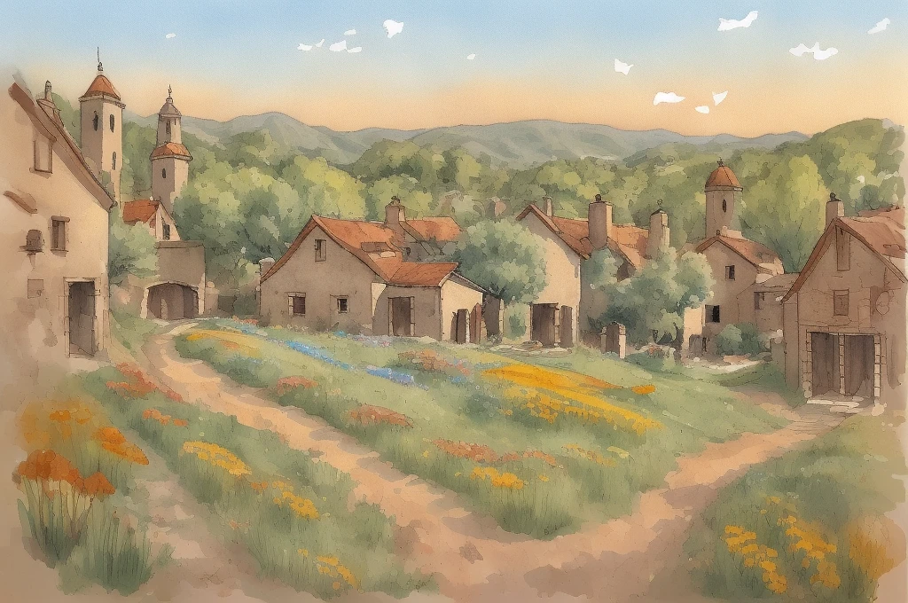 Country scene, endless fields of grass and multcolored wildflowers, dirt trail, (creek;1.4), stone buildings (birds:1.3), (sheep:1.1), (intense color contrast)