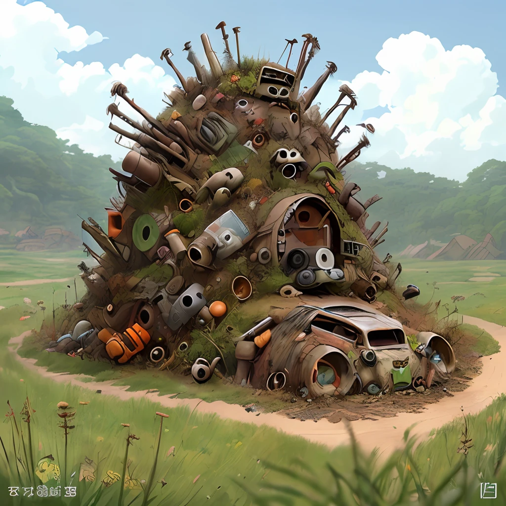 dystopian anthill, junk, rust, garbage, trash, broken, studio ghibli