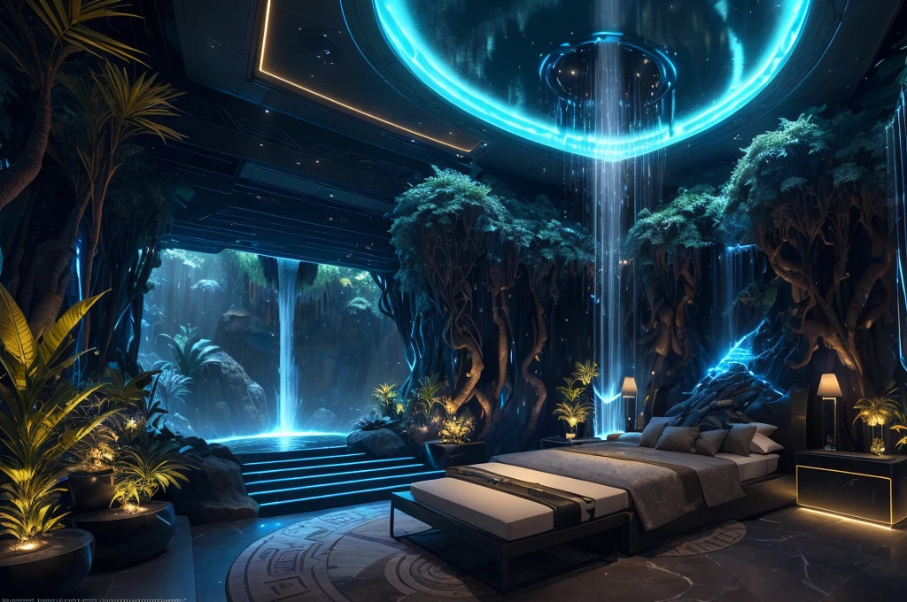 incredible Na'vi-inspired luxurious futuristic bedroom interior in Ancient Egyptian style with many (((lush plants))) (lotus flowers), ((palm trees)), rocky walls, ((sand)), ((waterfalls)) (marble), ((precious minerals)), ((metals)), (gemstones), crystals, clouds and ((water)), (curvy futuristic furniture), (hieroglyphics), ((trees and plants made out of gemstones and precious minerals and lights)), crocodiles, (((ultra luxury))), (black marble) – with ((beautiful lights)), Unreal Engine, HQ, 16k