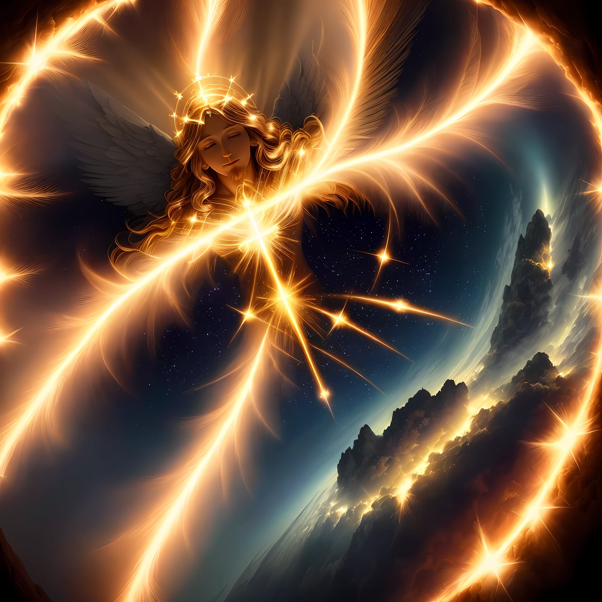 "Detailed image of Jesus Christ illuminating the Earth with radiant and blessed divine lights that envelop the entire landscape in a sacred and heavenly aura, angels of light around the earth, with a touch of incredible realism, perfect lighting and shadows, showing their goodness, energy, love and power."