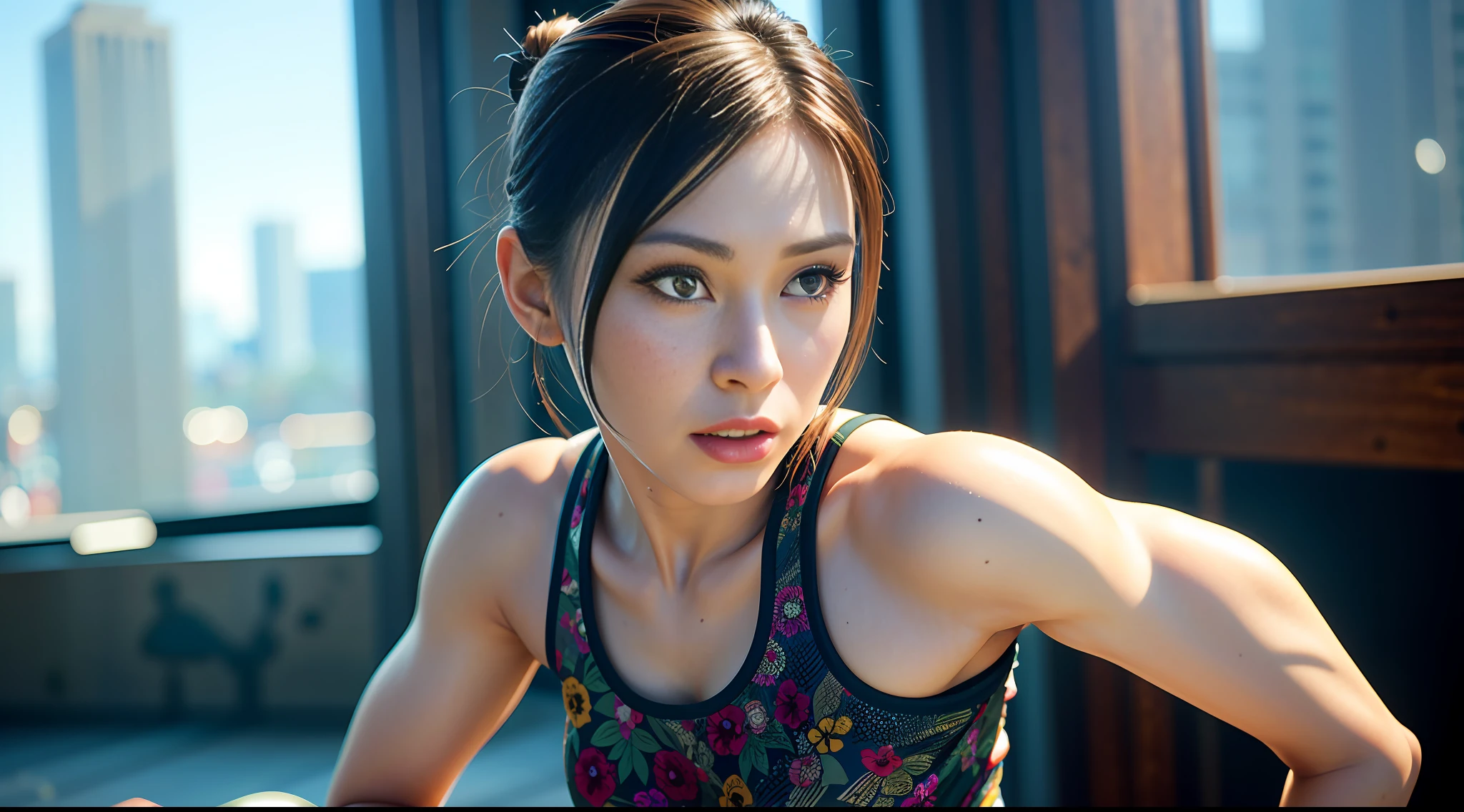 RAW, Masterpiece, Super Fine Photo,, Best Quality, Ultra High Resolution, Photorealistic, Sunlight, Full Body Portrait, Stunningly Beautiful, Dynamic Poses, Delicate Face, Vibrant Eyes, (Side View) , she is a Muay Thai kickboxer with very muscular body, very very sweaty with visible sweat, wearing a sexy Cheongsam  dress, very detailed background, detailed face, detailed and complex busy background, messy, gorgeous, milky, high detailed skin, realistic skin details, visible pores, sharp focus, Volumetric fog, 8k uhd, dslr, high quality, film grain, fair skin, photorealism, lomography, sprawling metropolis in a futuristic dystopia, view from below, translucent