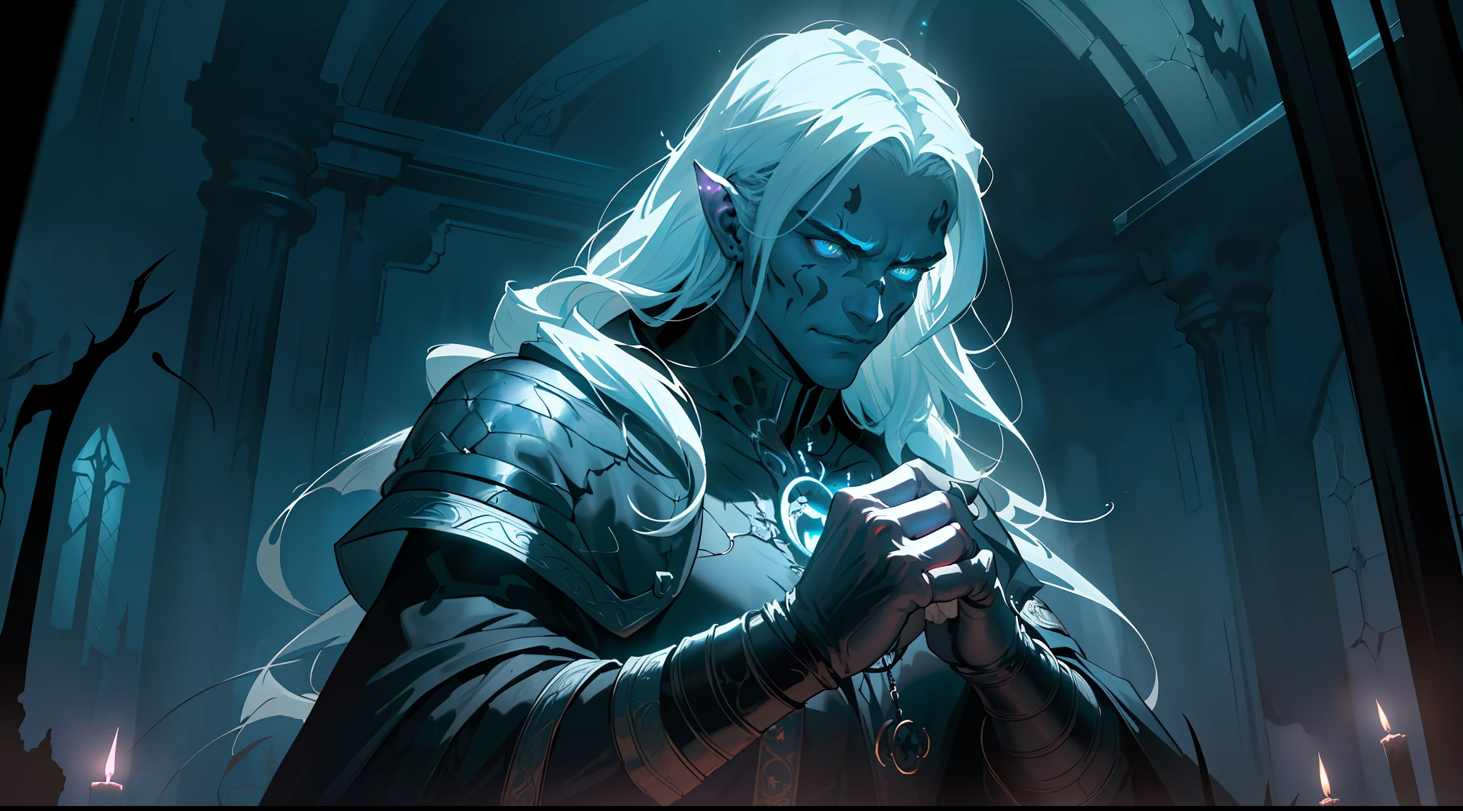 (Ultra detailed), (masterpiece), (best quality), (very detailed CG unit 8k wallpaper), a shadowy necromancer in his lair, (male), morbid appearance, ELDEN RING, (((visible magical aura)), (((upper body))), dim light, soft light, concept art, dimly lit, forbidden magic accessories, cinematic, highly detailed, stylized wallpaper