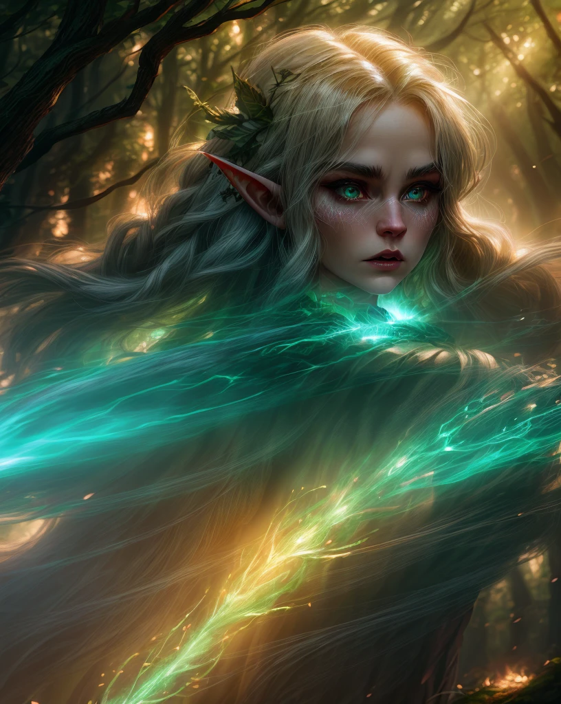 stylized female elves powerfully casting magic, dramatic, emotional, determined expression, forest scene, fog, sunbeams, backlight,particles,glow,power,dramatic angle