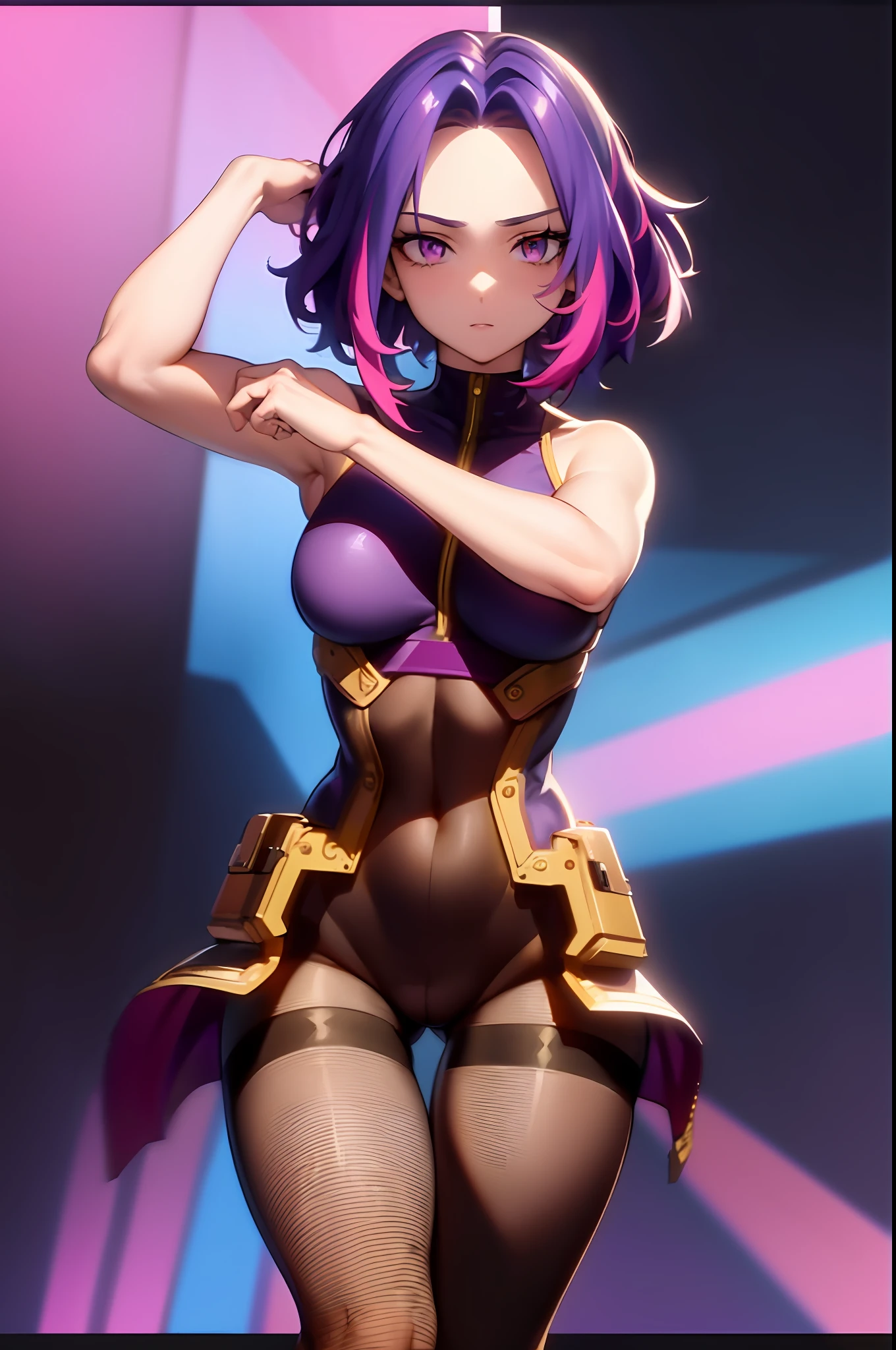 1girl, solo, multicolored hair, purple hair, purple eyes, looking at viewer,lady nagant, boku no hero academia, masterpiece, highres,(extremely detailed CG unity 8k wallpaper:1.1),short hair,hand in own hair,detail fingers,,thigh gap,thighband pantyhose,