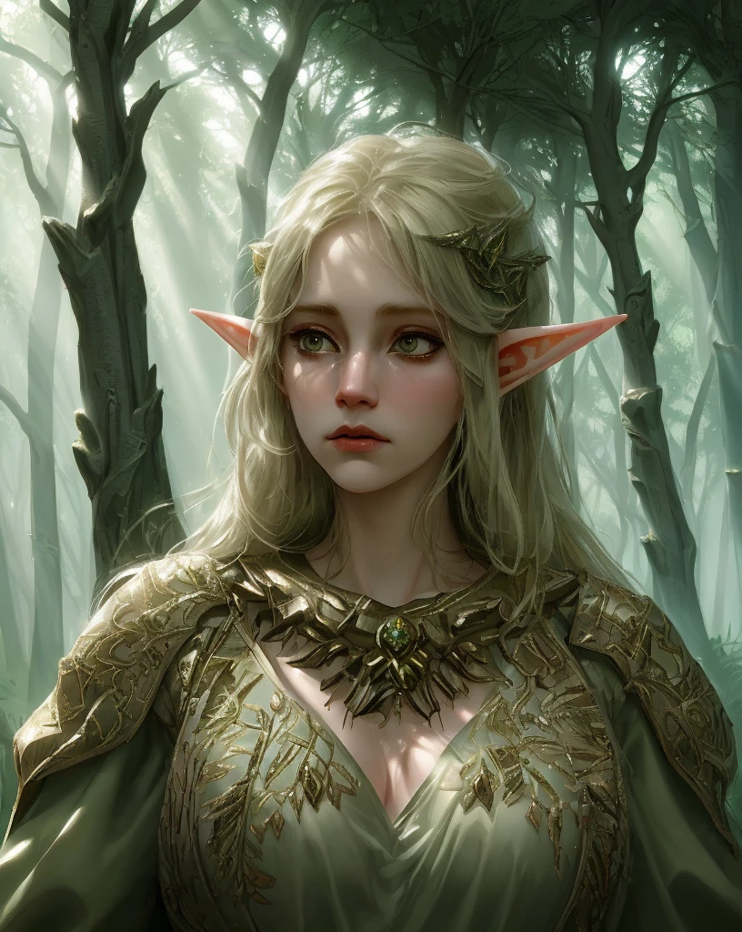 stylized female elves powerfully casting magic, dramatic, emotional, determined expression, forest scene, fog, sunbeams, backlight,particles,glow,power,dramatic angle