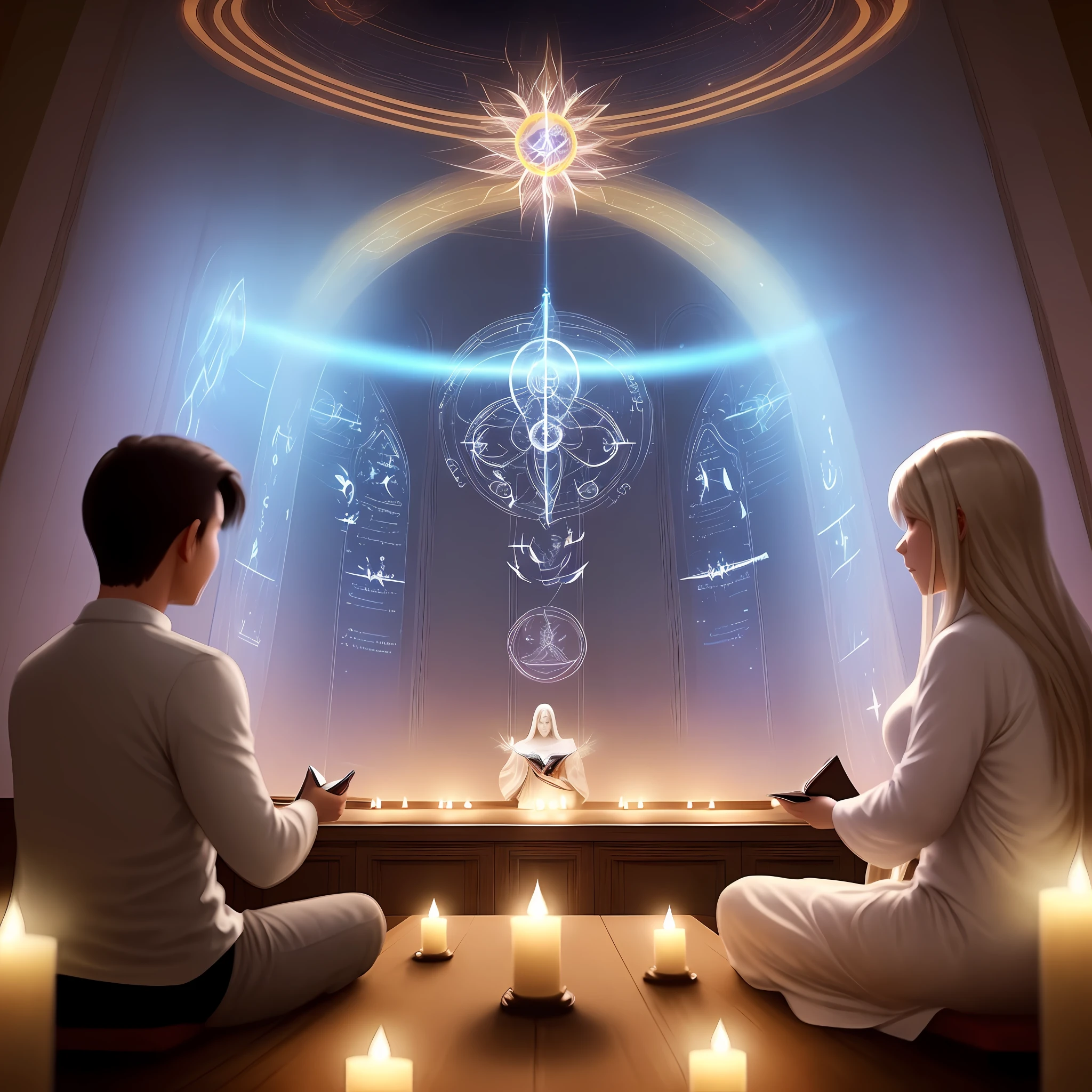 In the image, enlightened spirits illuminating a spiritist meeting with several participants in the room, showing in the image transmission of messages between the spiritual and physical planes, a lot of concentration of the participants and lights of the spirits, flowers and sacred books
