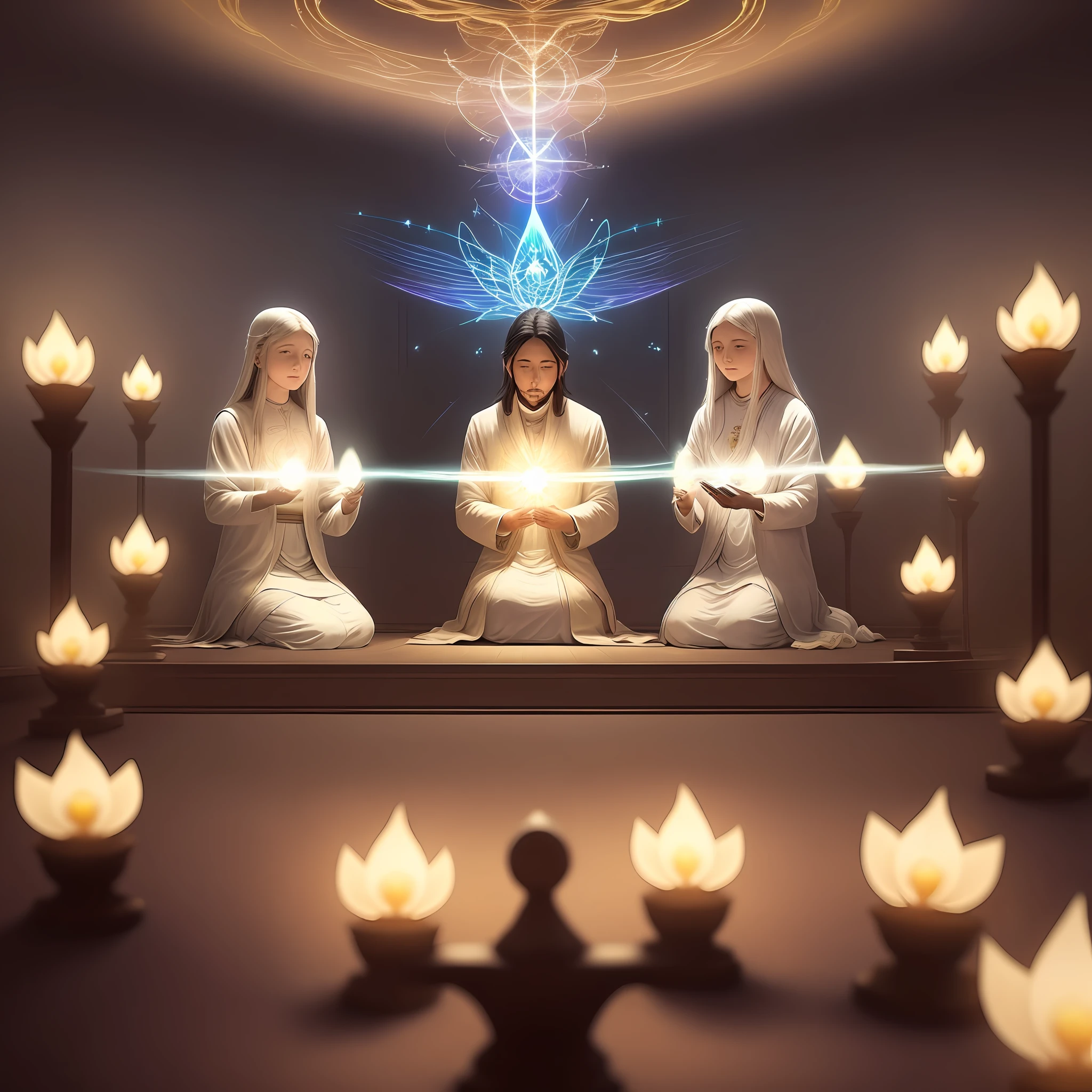 In the image, enlightened spirits illuminating a spiritist meeting with several participants in the room, showing in the image transmission of messages between the spiritual and physical planes, a lot of concentration of the participants and lights of the spirits, flowers and sacred books