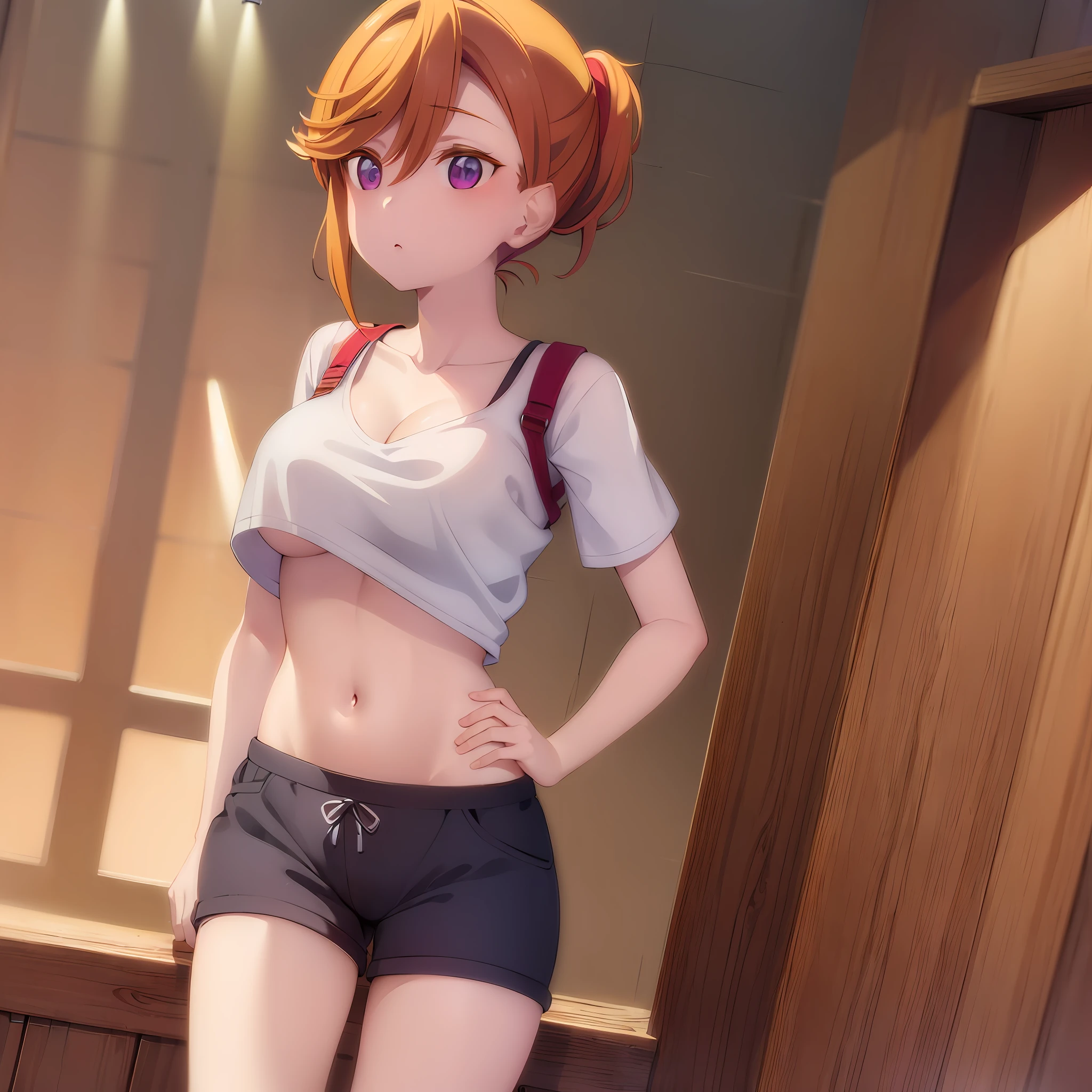 (masterpiece:1.2, best quality), (shibuya kanon, 1girl, solo, solo_focus, blush, large breasts, cleavage, deep skin, orange hair, short hair, purple_eyes, low ponytail:1.4, clothes lift,shirt lift, underboob, white shirt, white shorts, sweat, paizuri, nipple) (twilight, sunset, sunrays, perfect lighting:1.4)