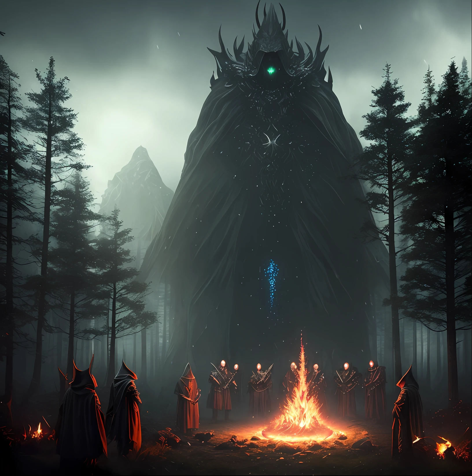 Satanic ritual in forest, hooded people in circle, red and giant demon with evil smile, hazy background, realistic epic, rutkowski, hdr, intricate details, hyperdetailed, cinematic, rim light, muted colors: 1.2, dark fantasy, dark sky, with dark mountains in the background, dark atmosphere, fear, horror, torches of fire, red, dark forest, night