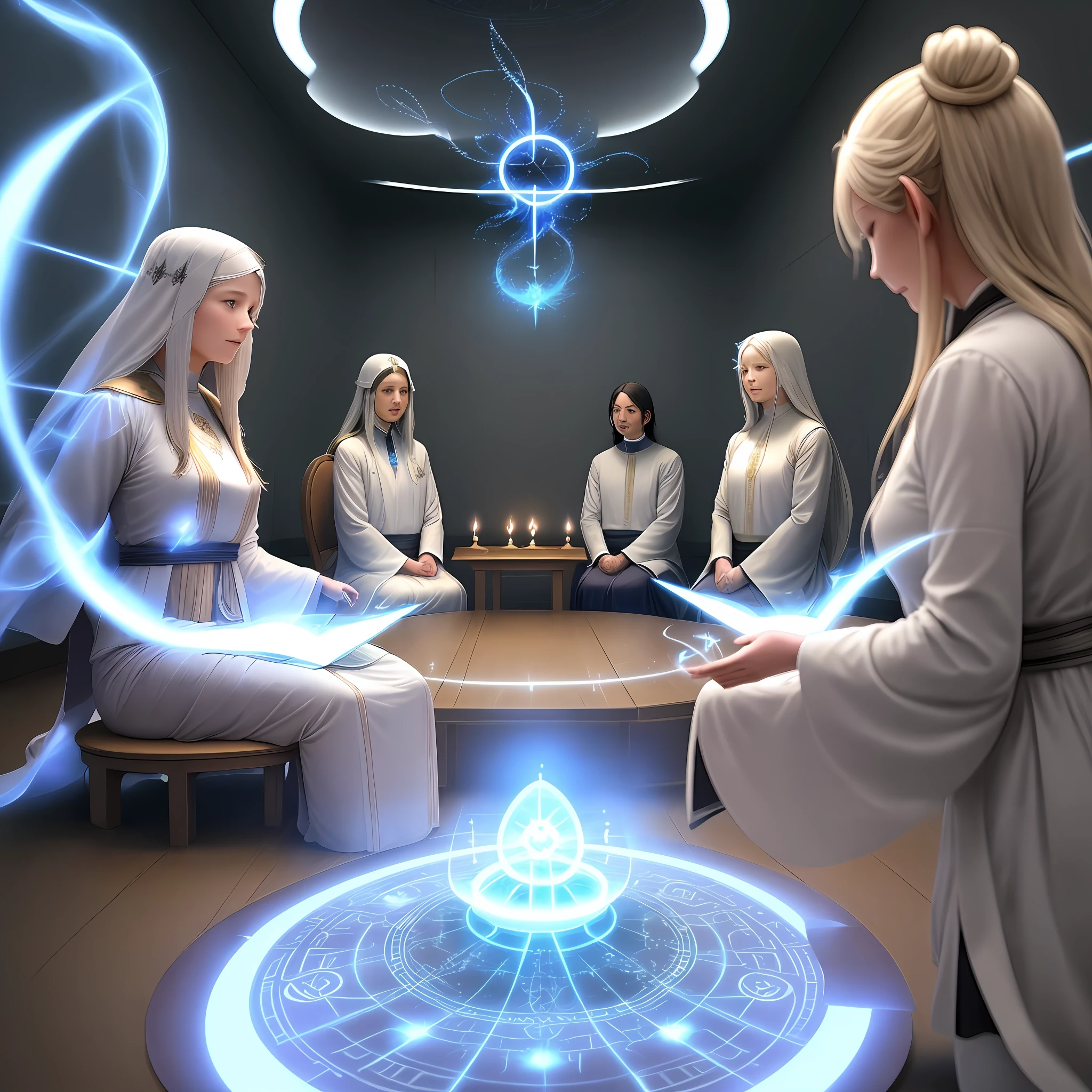 In the image, enlightened spirits illuminating a spiritist meeting with several participants in the purified room, in the image transmission of messages between the spiritual and physical planes, much concentration of the participants and energy of the spirits, sacred moment