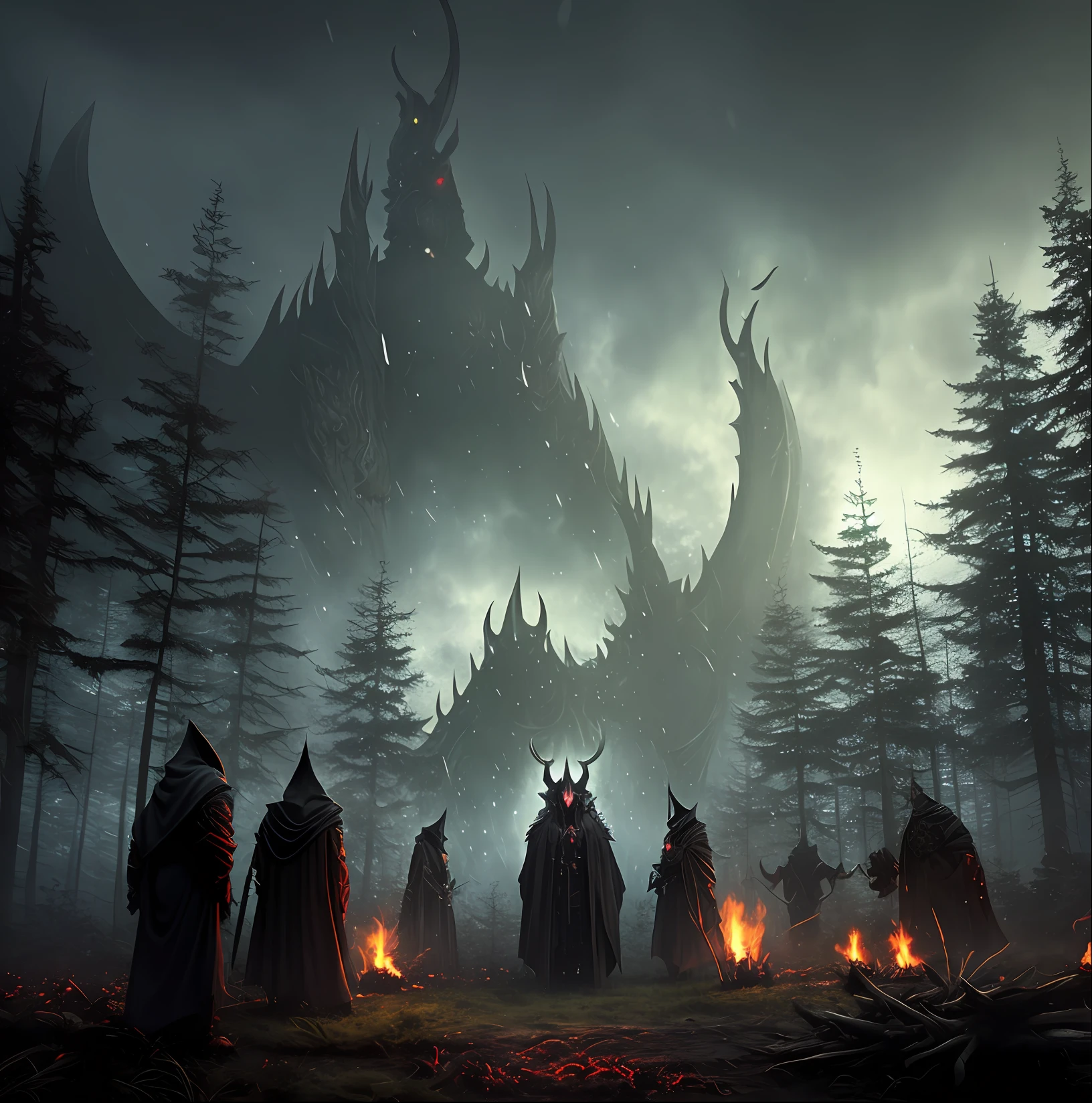Satanic ritual in forest, hooded people in circle, red and giant demon with evil smile, hazy background, realistic epic, rutkowski, hdr, intricate details, hyperdetailed, cinematic, rim light, muted colors: 1.2, dark fantasy, dark sky, with dark mountains in the background, dark atmosphere, fear, horror, torches of fire, red, dark forest, night