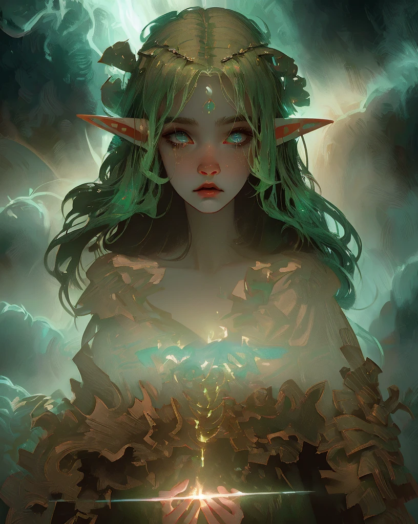 stylized female elves powerfully casting magic, dramatic, emotional, determined expression, forest scene, fog, sunbeams, backlight,particles,glow,power,dramatic angle