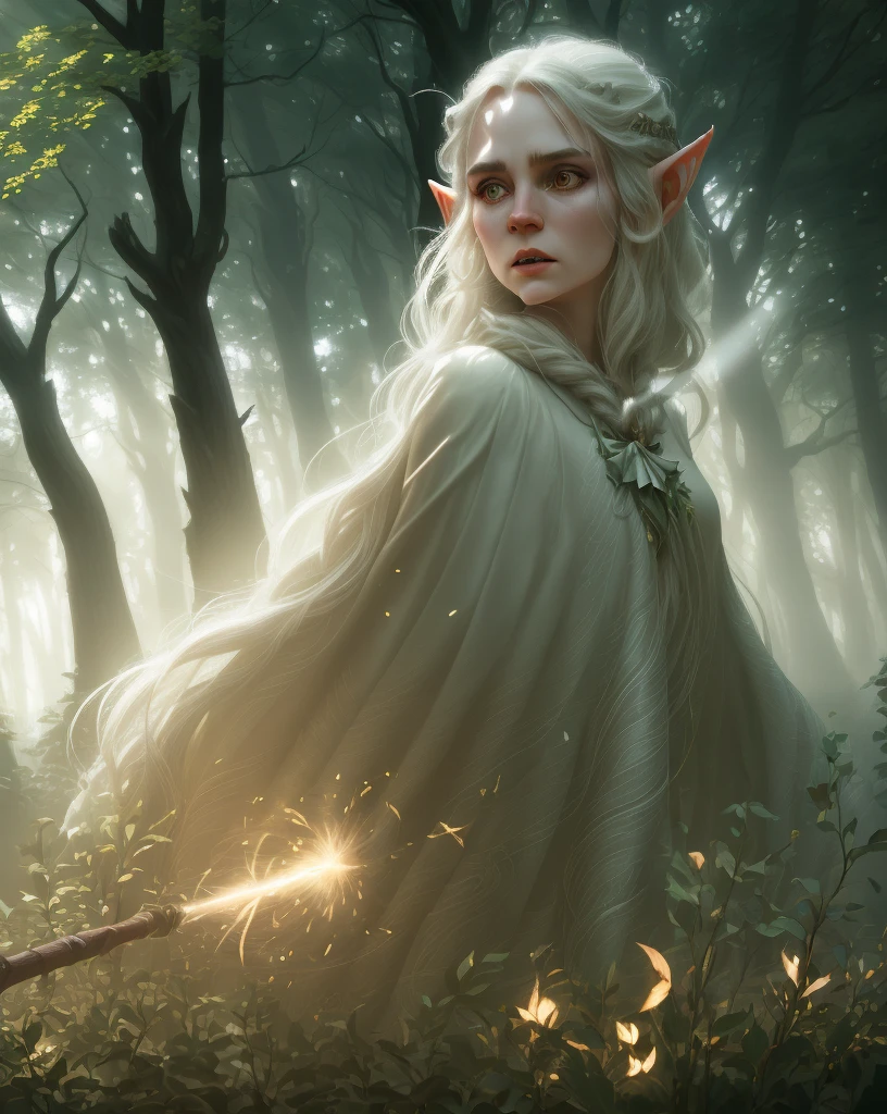 stylized female elves powerfully casting magic, dramatic, emotional, determined expression, forest scene, fog, sunbeams, backlight,particles,glow,power,dramatic angle