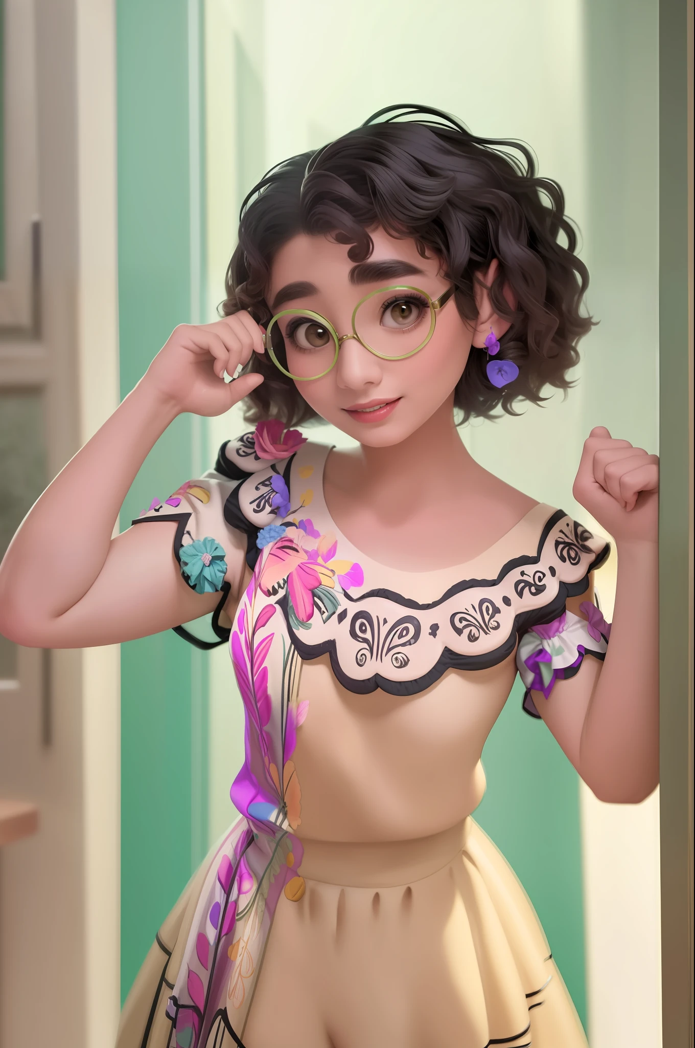 (masterpiece, best quality, high resolution:1.4), 1girl, mirabel madrigal, (maid:1.3), glasses, smile, looking at viewer,