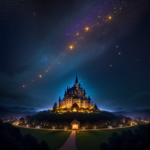 anthill with a castle surrounded by fireflies glowing in a starry night