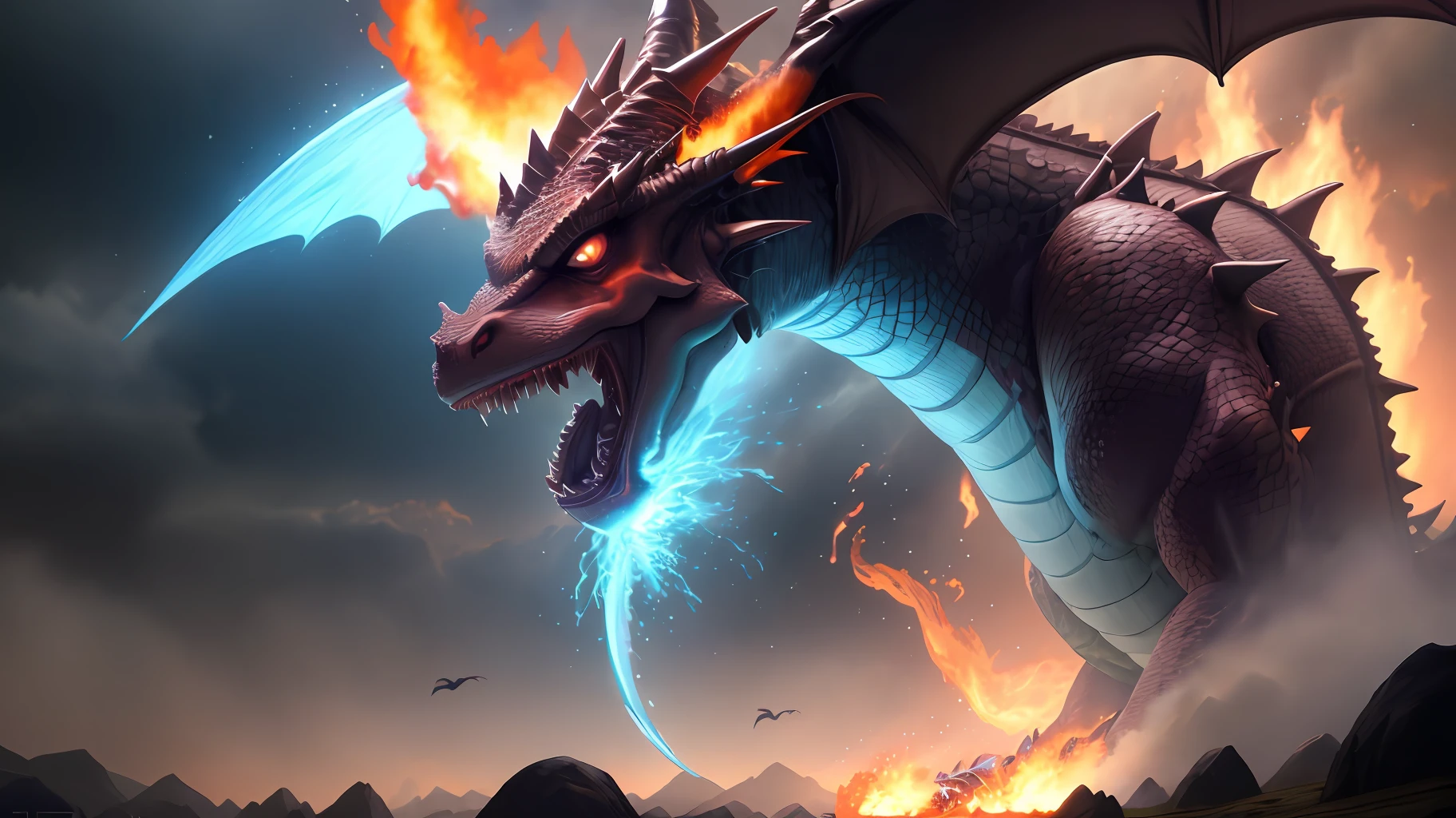 Monstrous dragon spitting fire, hyper realistic, 8k, terrified people running away.