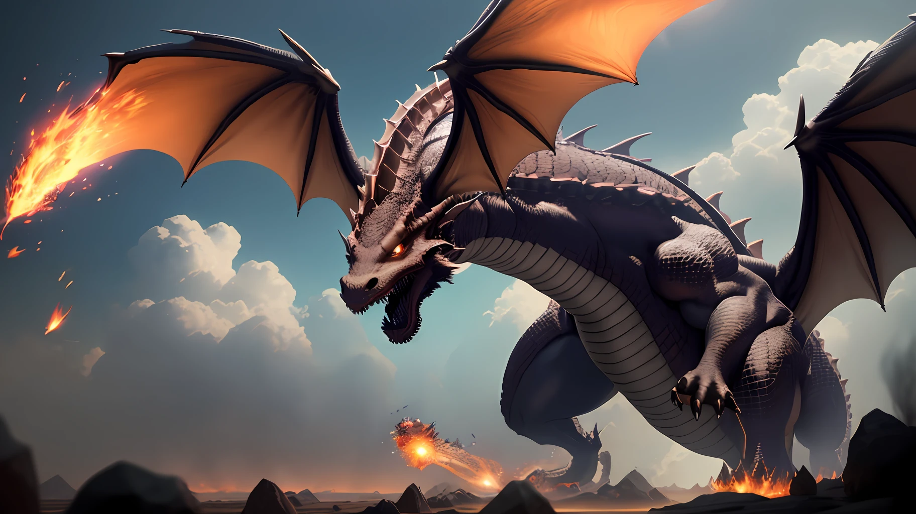Monstrous dragon spitting fire, hyper realistic, 8k, terrified people running away.
