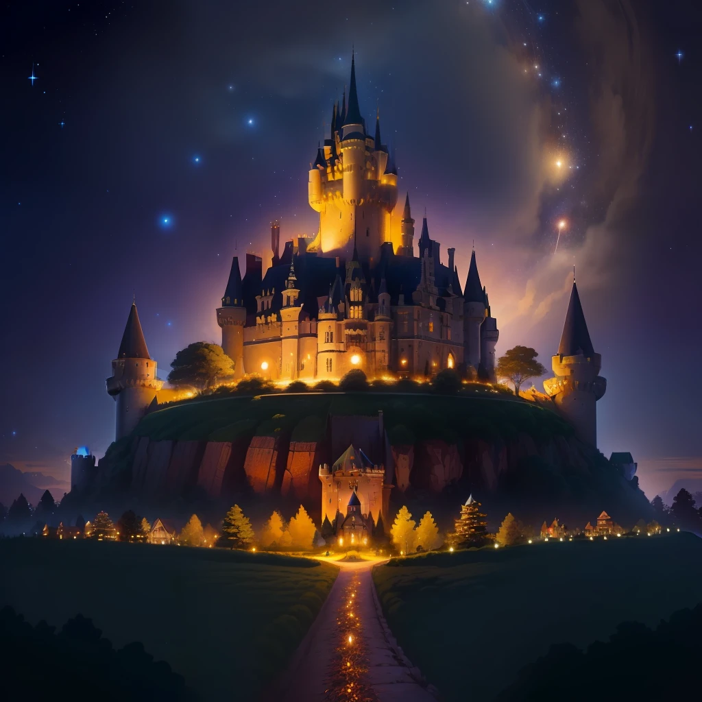 anthill with a castle surrounded by fireflies glowing in a starry night