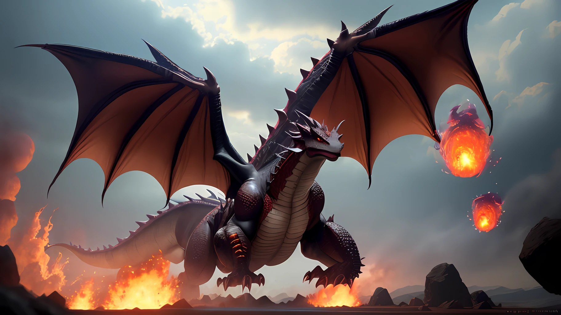 Monstrous dragon spitting fire, hyper realistic, 8k, terrified people running away.