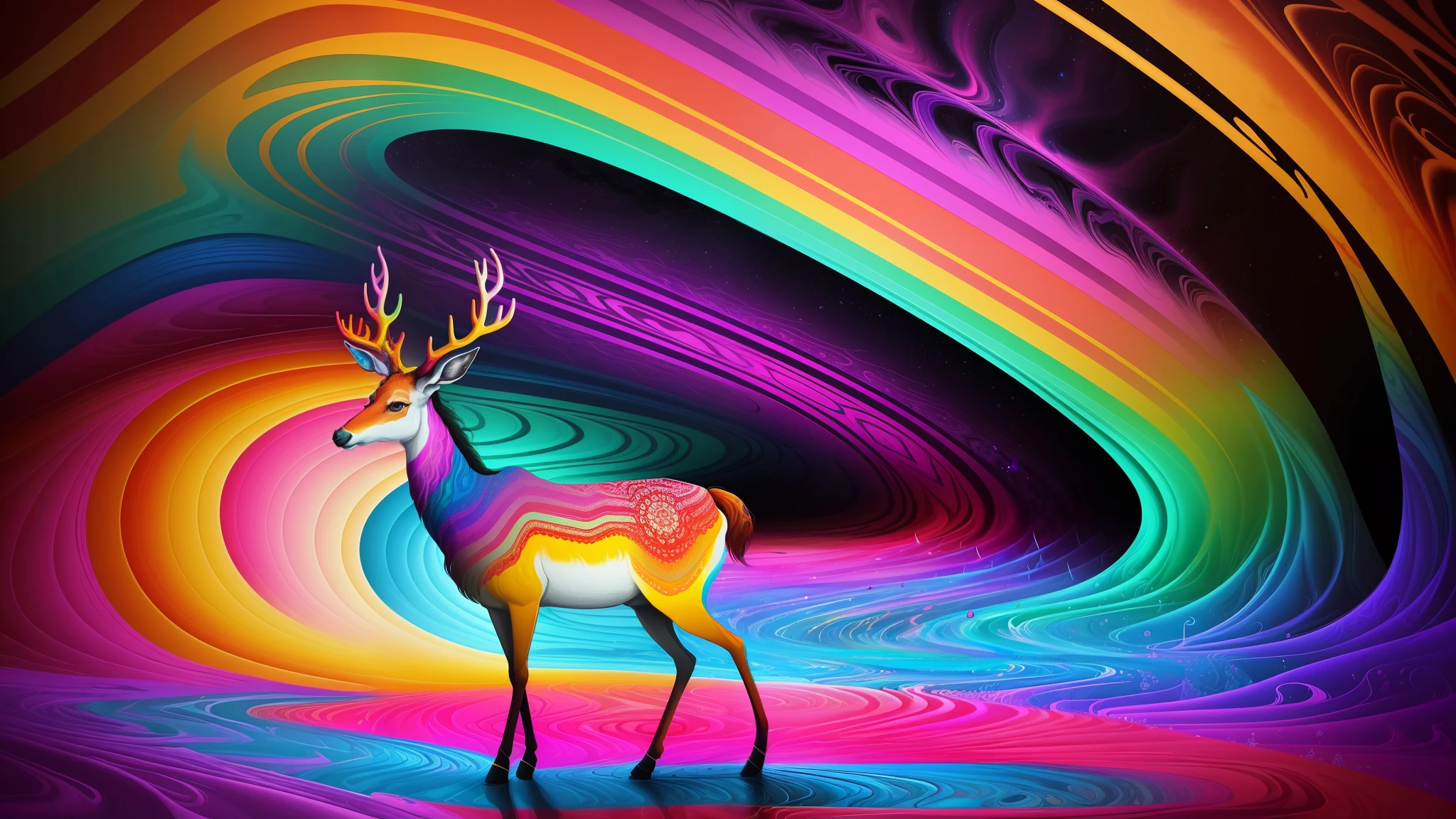 (Psychedelic painting of a deer standing in front of a colorful swirl), ((multi-slit big antlers, stag, big head)), light and shadow, waves, multi-layered, foreground, distant view, fractal Thunder Dan Mumford, Dan Mount Ford and Alex Gray style, psychedelic surreal art, surreal psychedelic design, fantasy art style, illusion psychedelic art, infinite psychedelic waves, inspired by Cyril Rolando, Real ripple structure, psychedelic art style, psychedelic art, psychedelic illustration--V6